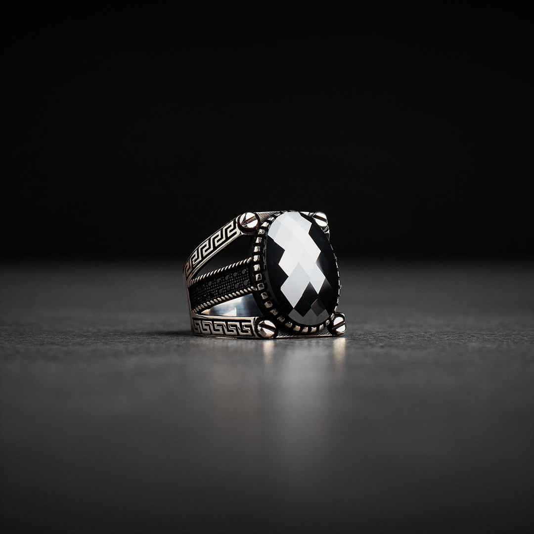 Men's silver ring decorated with black zircon stone