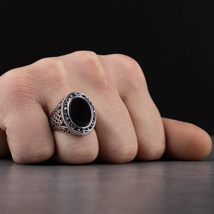 Men's Sterling Silver Ring with Black Onyx Stone