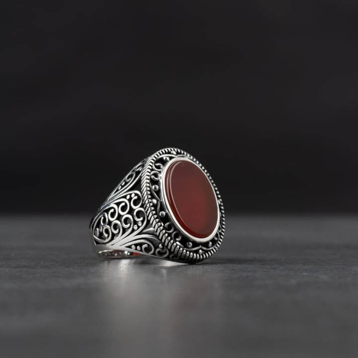 Men's silver ring with red agate stone