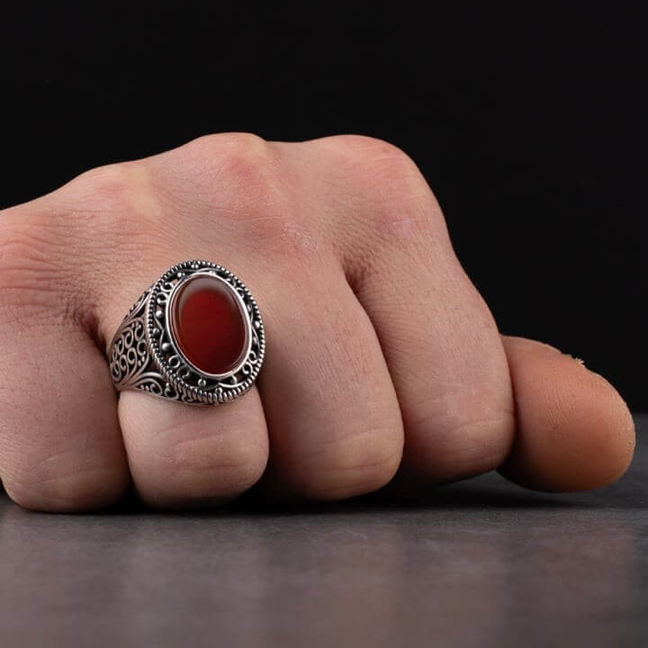 Men's silver ring with red agate stone