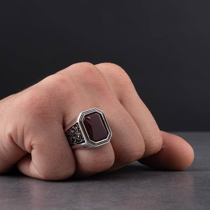 Sterling Silver Men's Ring with Brown Agate Stone