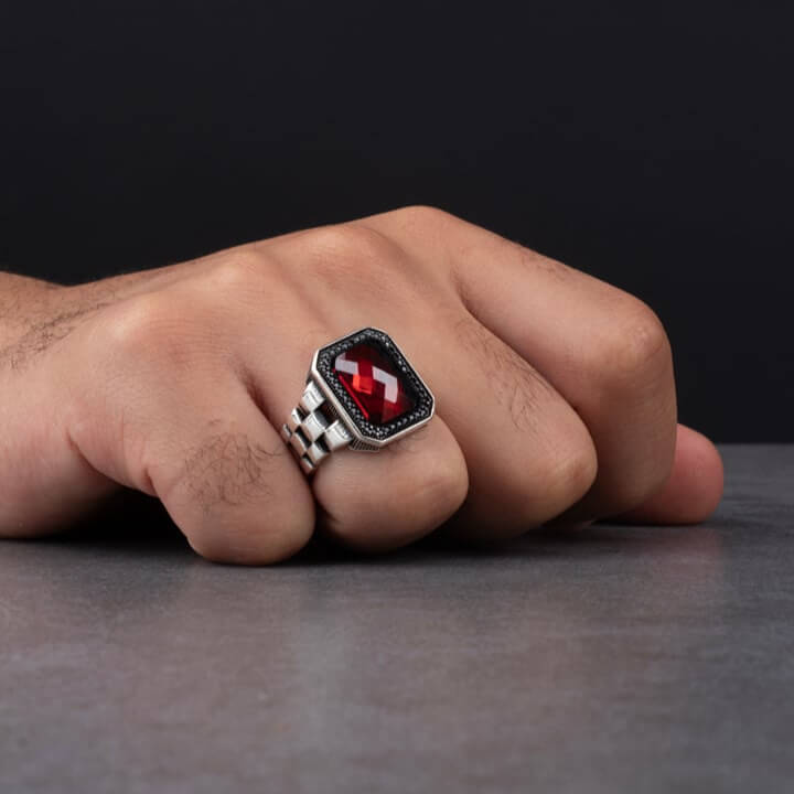 Sterling Silver Men's Ring with Red Zircon Stone