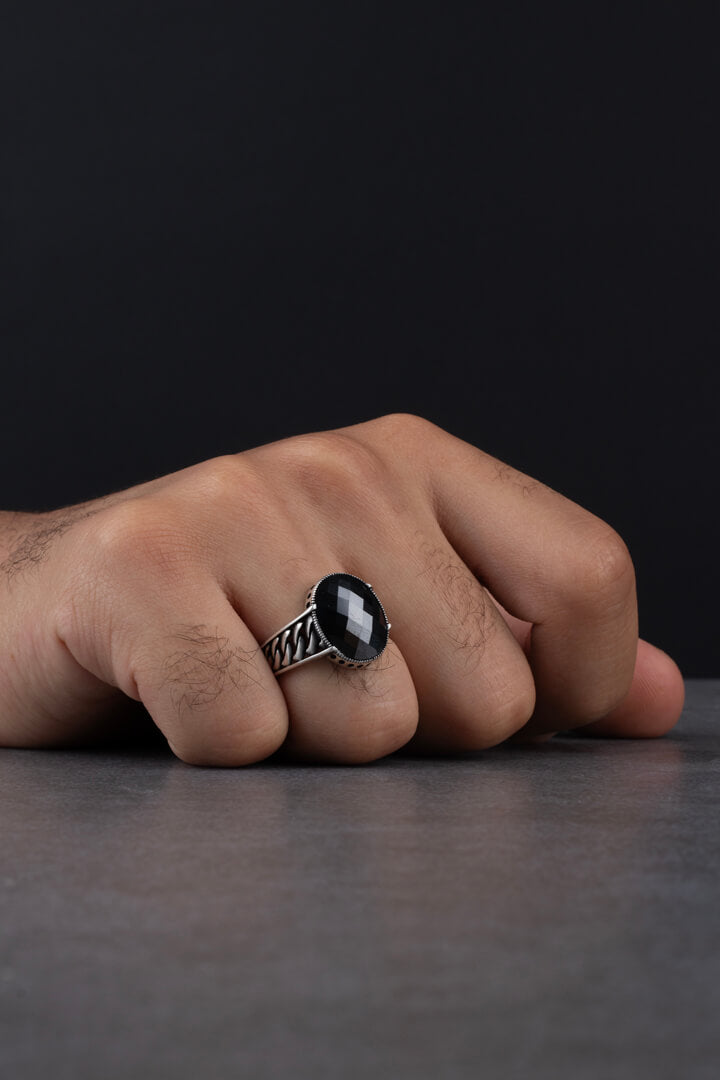 Men's Sterling Silver Ring with Black Zircon Stone
