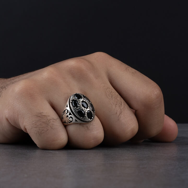 Men's Sterling Silver Ring with Black Zircon Stones
