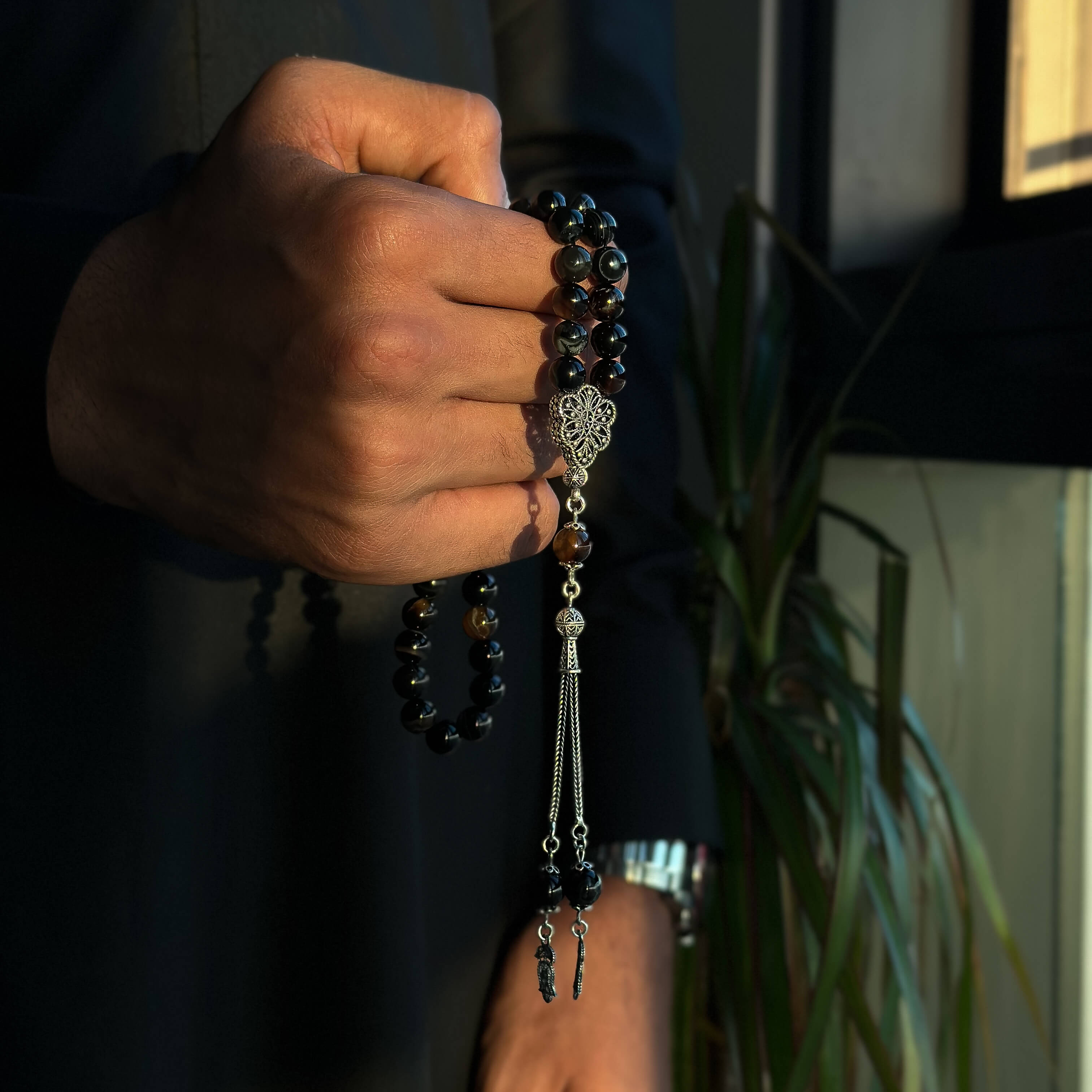 Black Agate Stone Tasbih with Silver Bead (8mm)