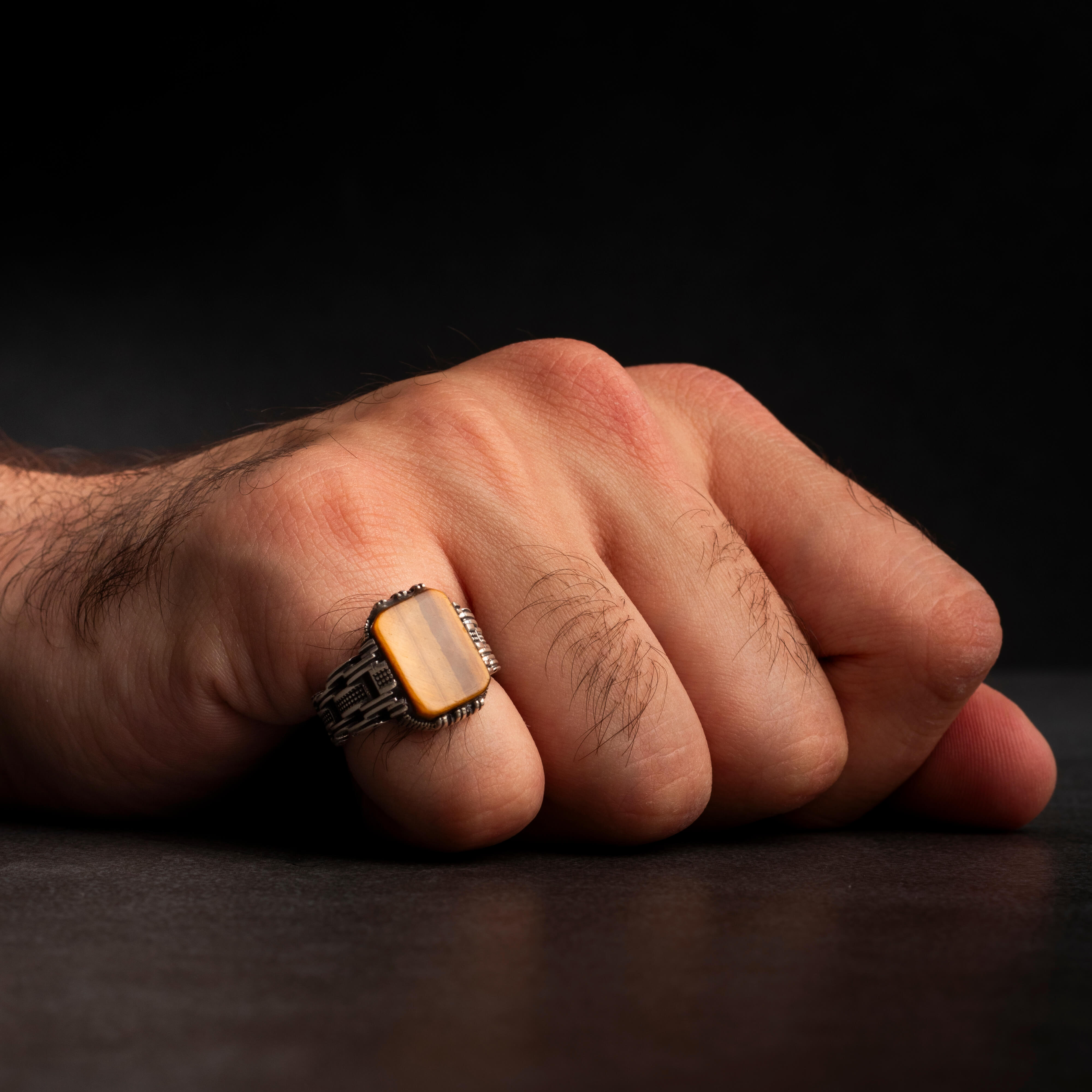 Men’s Sterling Silver Ring with Tiger Eye Stone and Chains Design