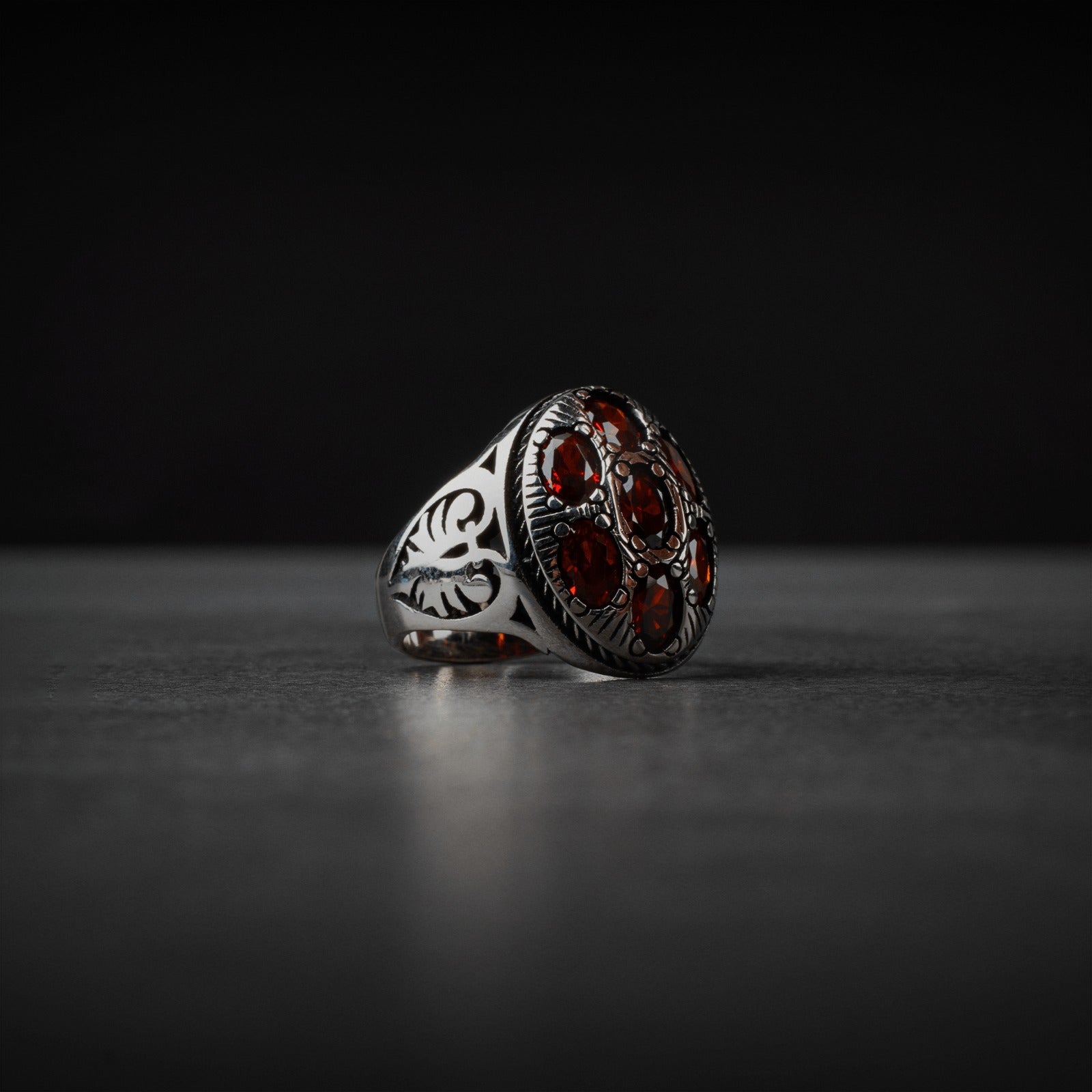 Sterling Silver Men's Ring with Red Zircon Stones