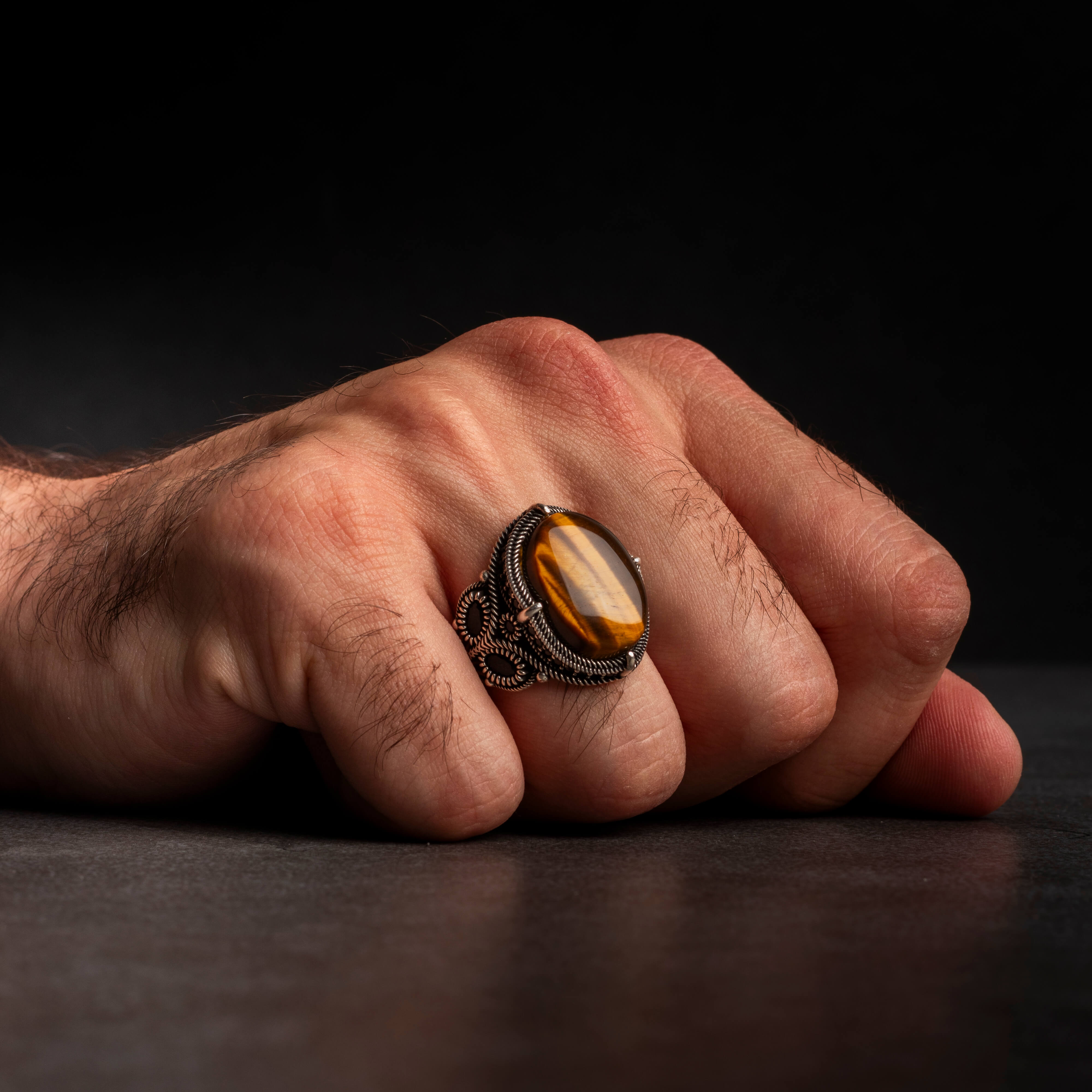 Men's silver ring with tiger's eye stone