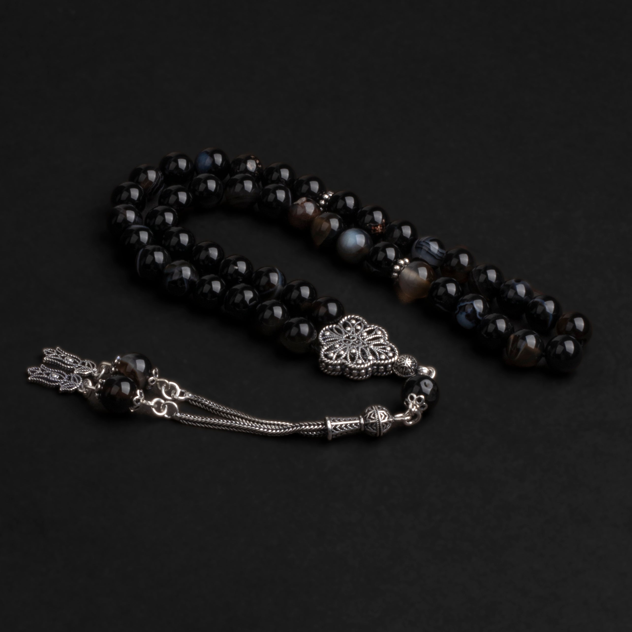 Black Agate Stone Tasbih with Silver Bead (8mm)