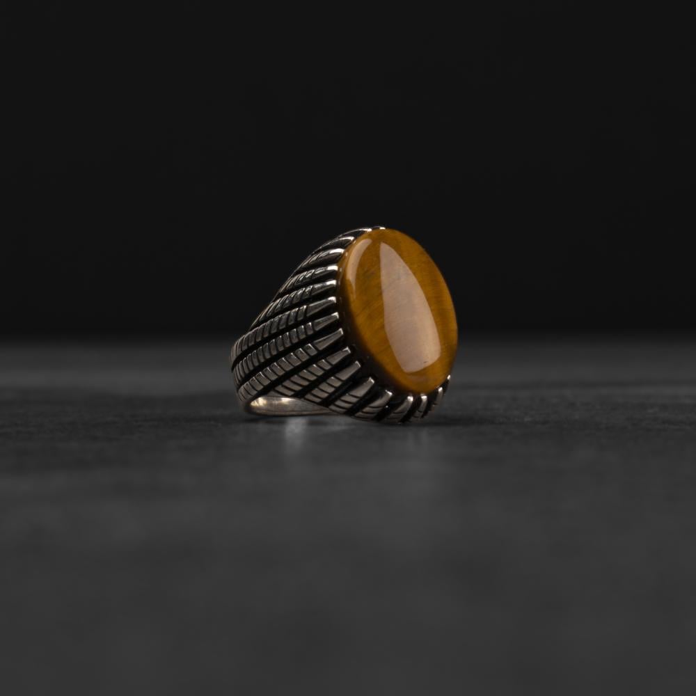 Men's Silver Ring with Tiger's Eye - Elegant Linear Design