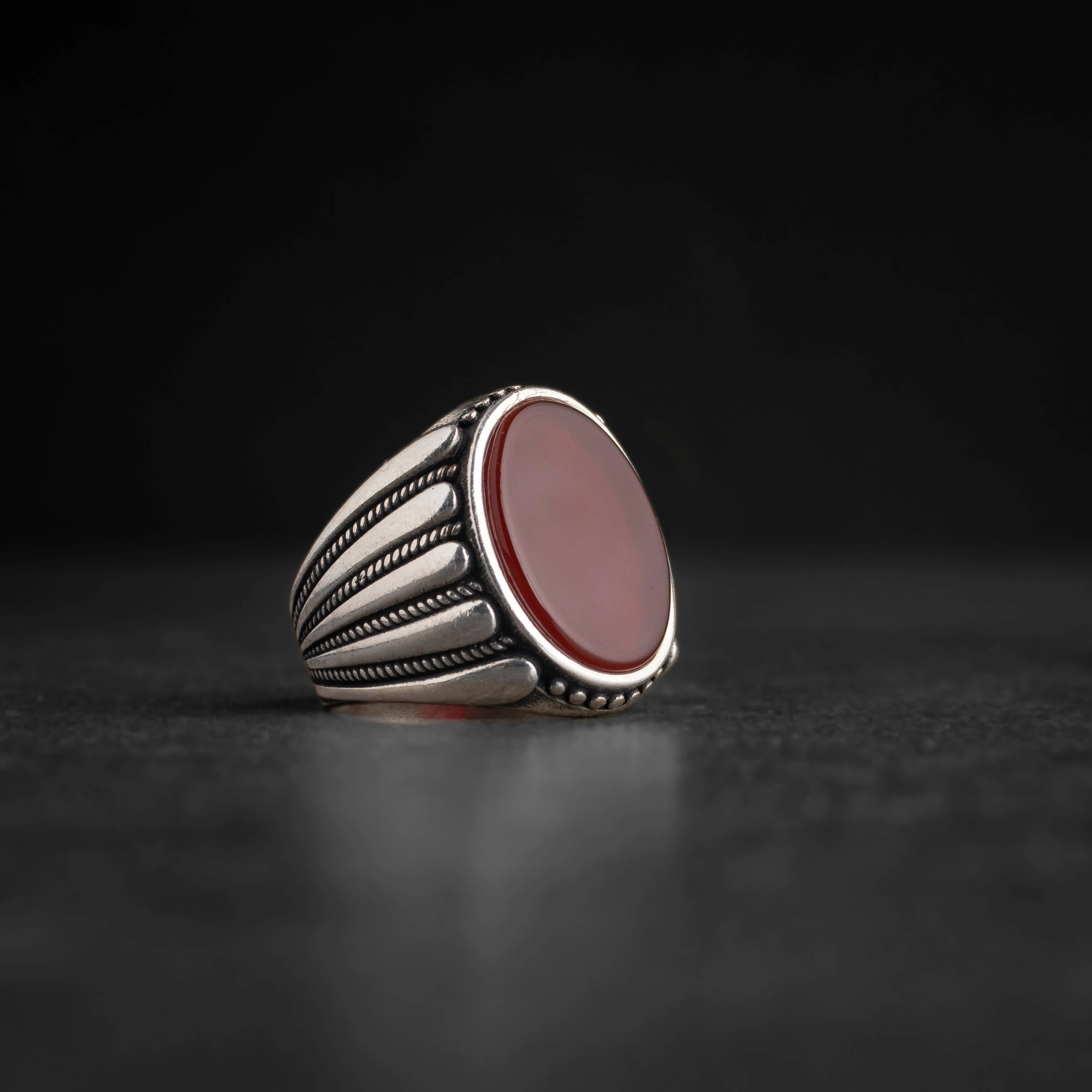 Men’s Sterling Silver Ring with Red Agate Stone and Horizontal Engravings