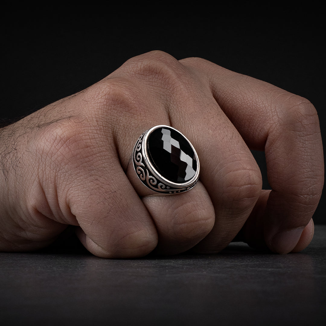 Men's Sterling Silver Ring with Black Zircon Stone