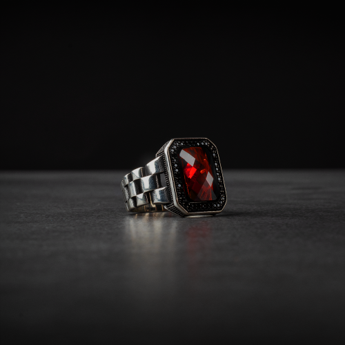 Sterling Silver Men's Ring with Red Zircon Stone