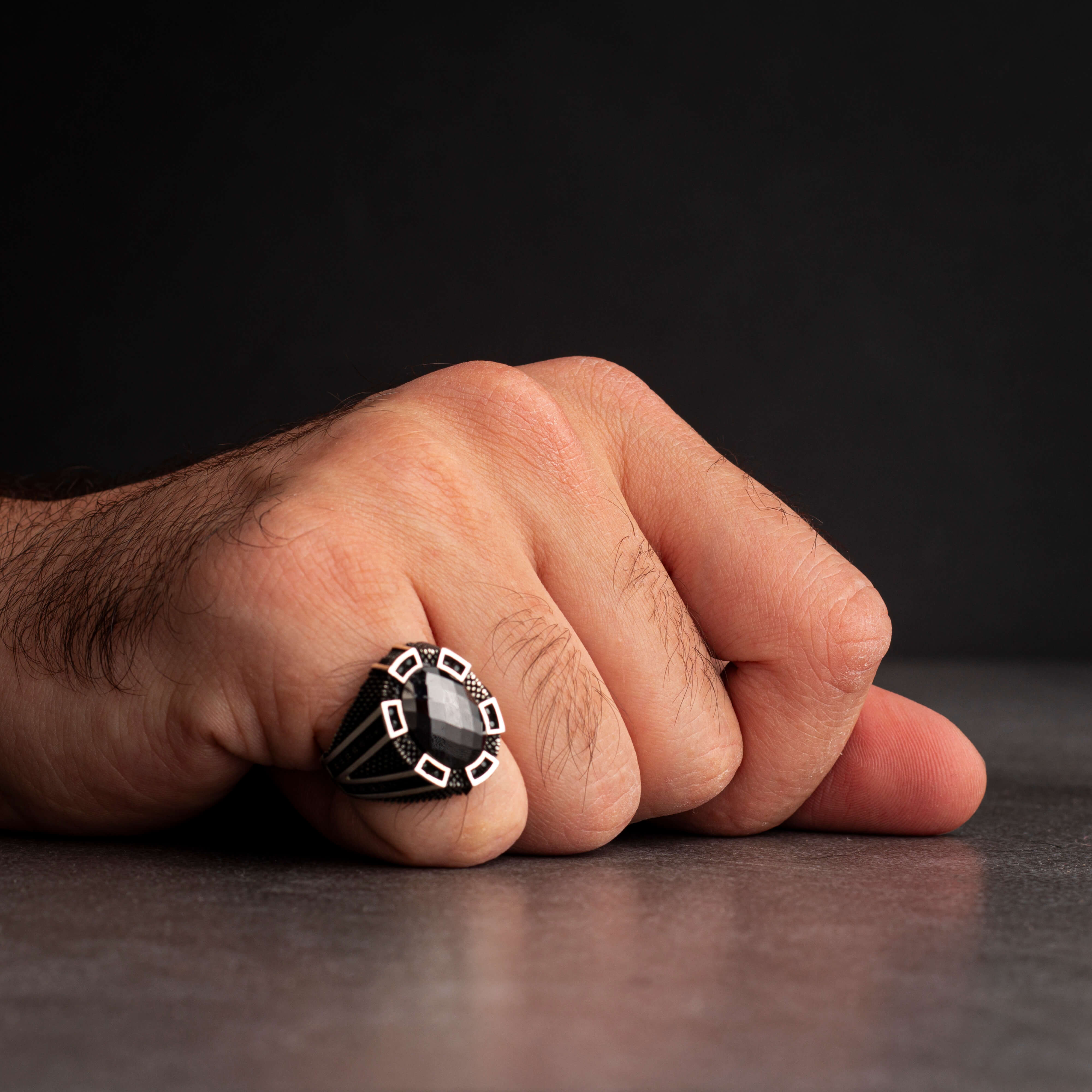 Men's Sterling Silver Ring with Black Zircon Stone