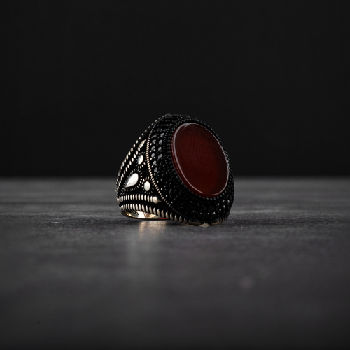 Men's silver ring with red agate stone