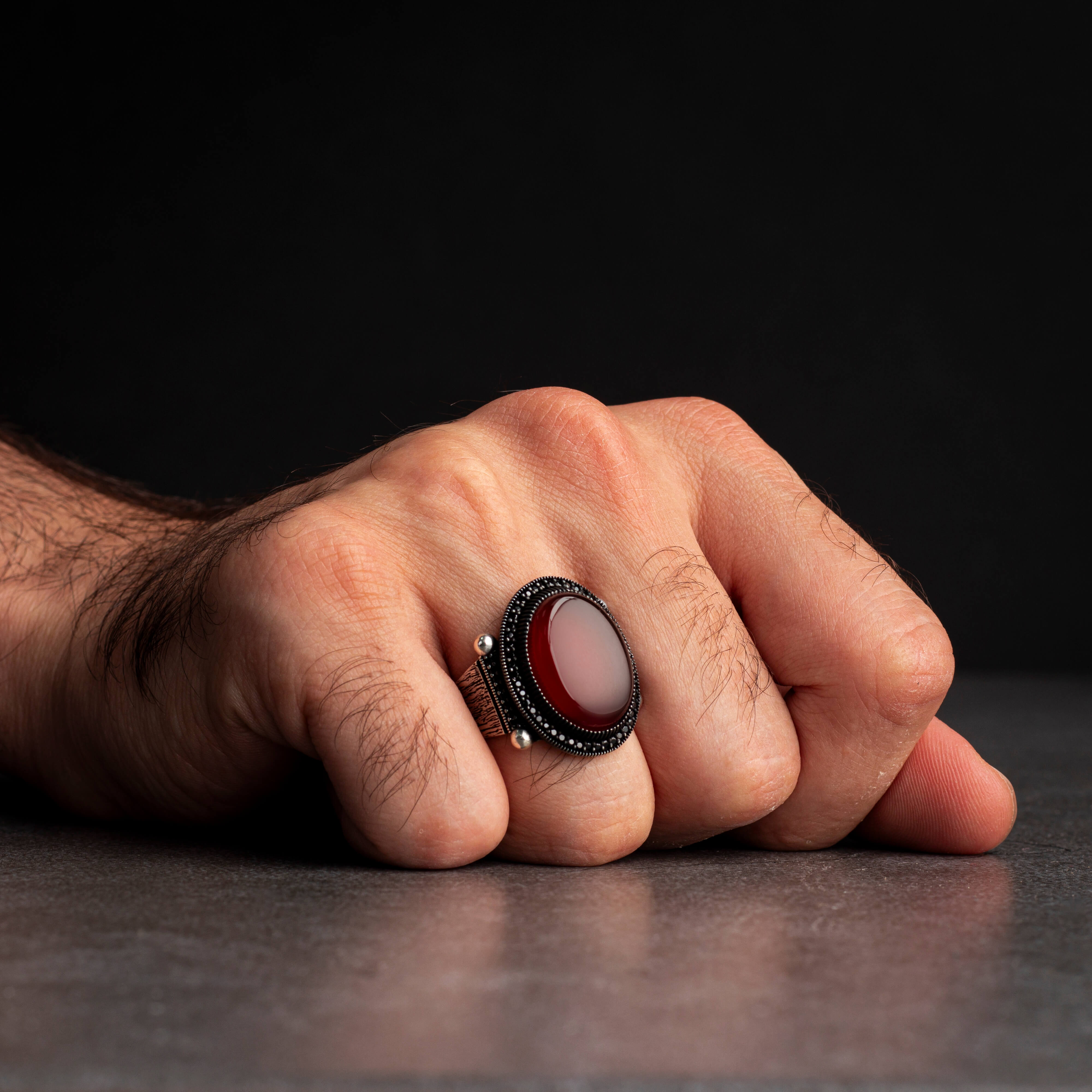 Sterling Silver Men's Ring with Red Agate Stone