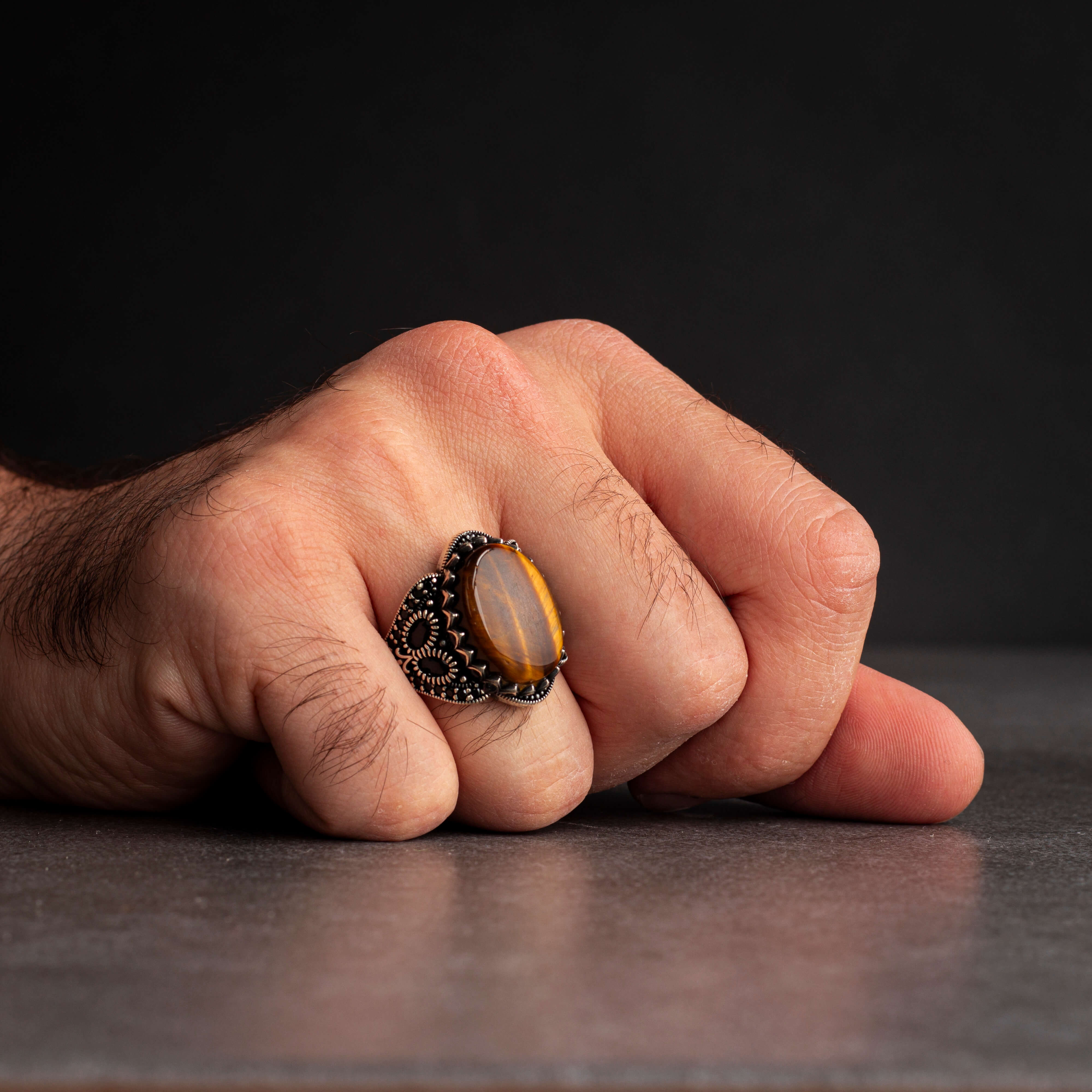 Men's silver ring with tiger eye stone with ornate design