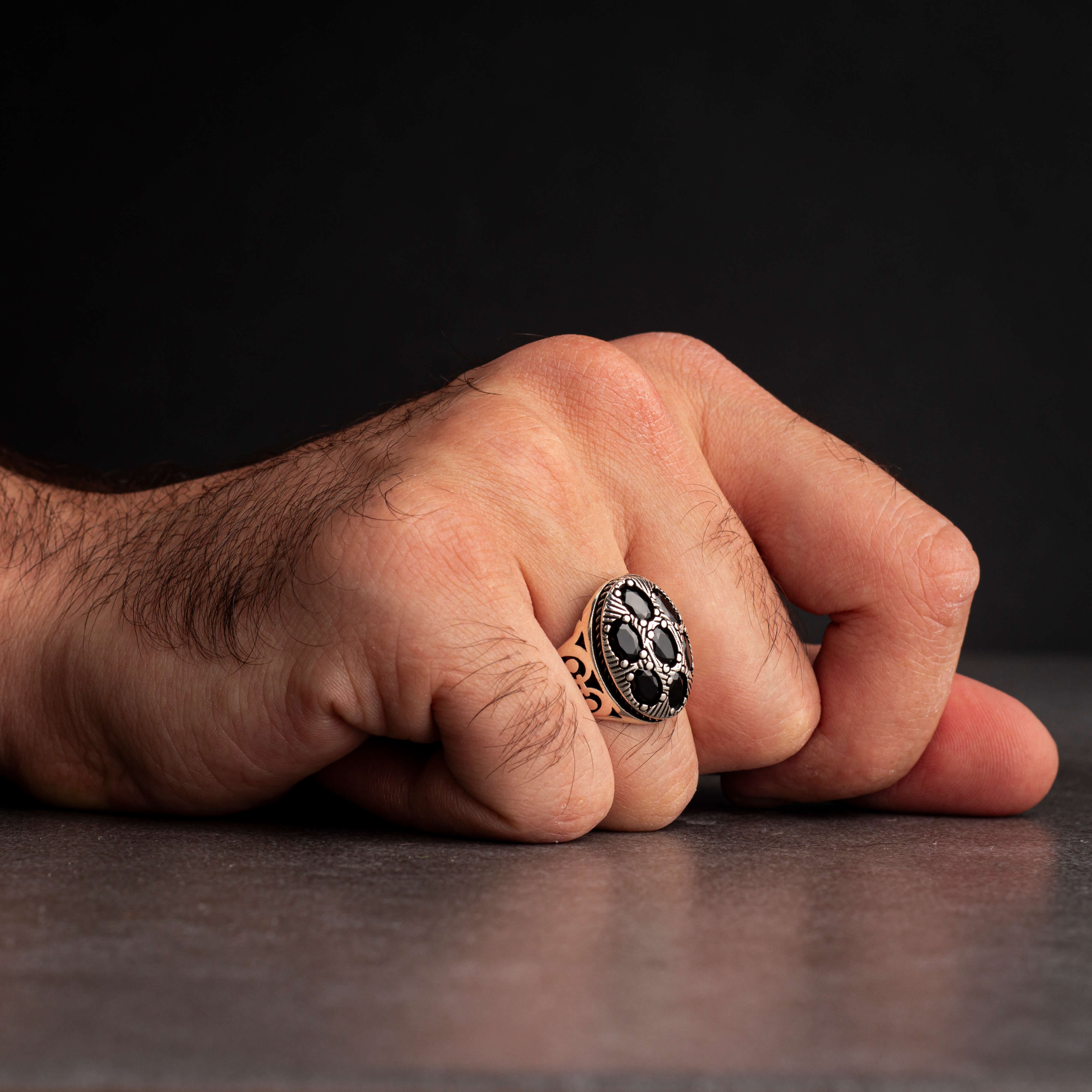 Men's Sterling Silver Ring with Black Zircon Stones
