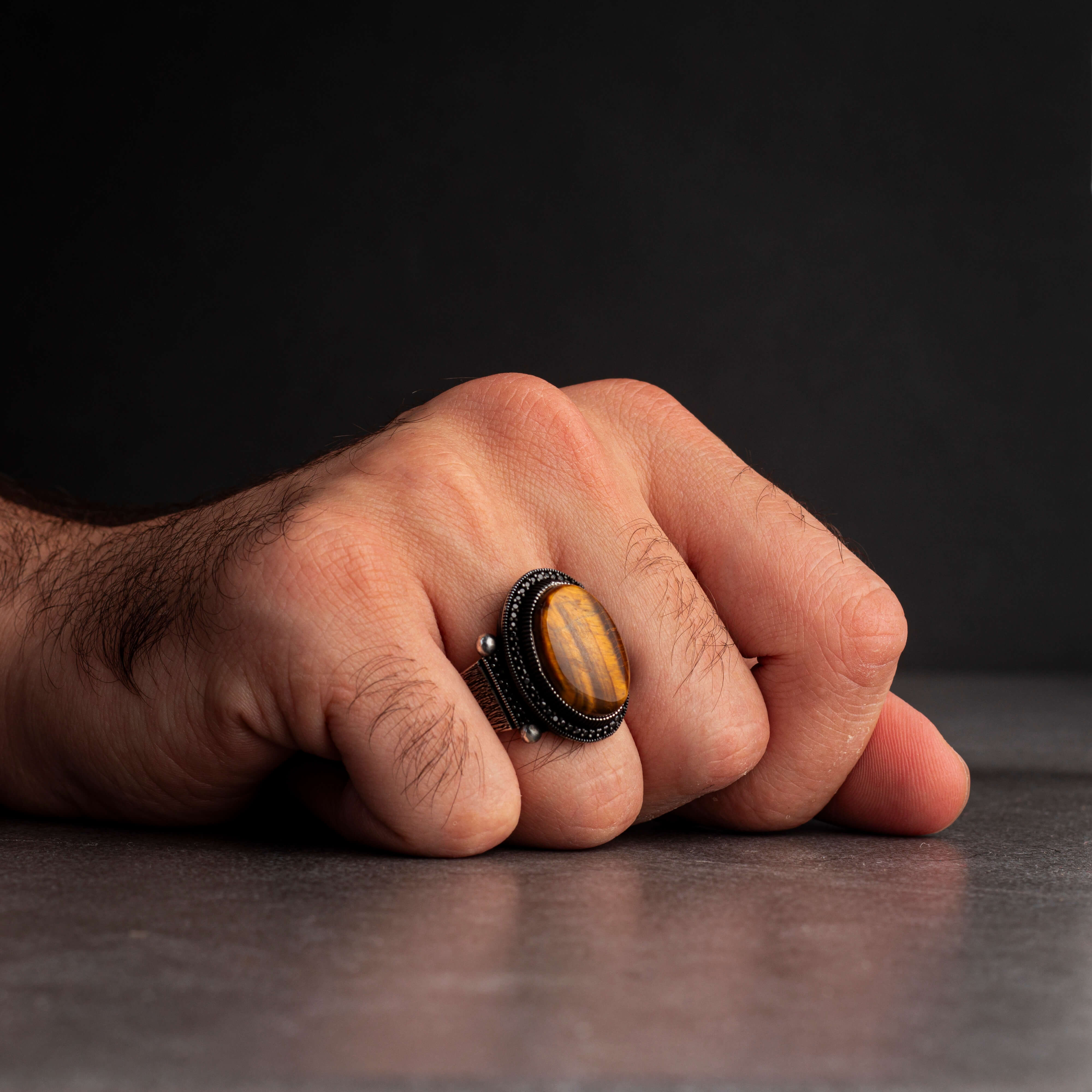 Men's Silver Ring with Tiger Eye Stone in a Luxurious Royal Frame