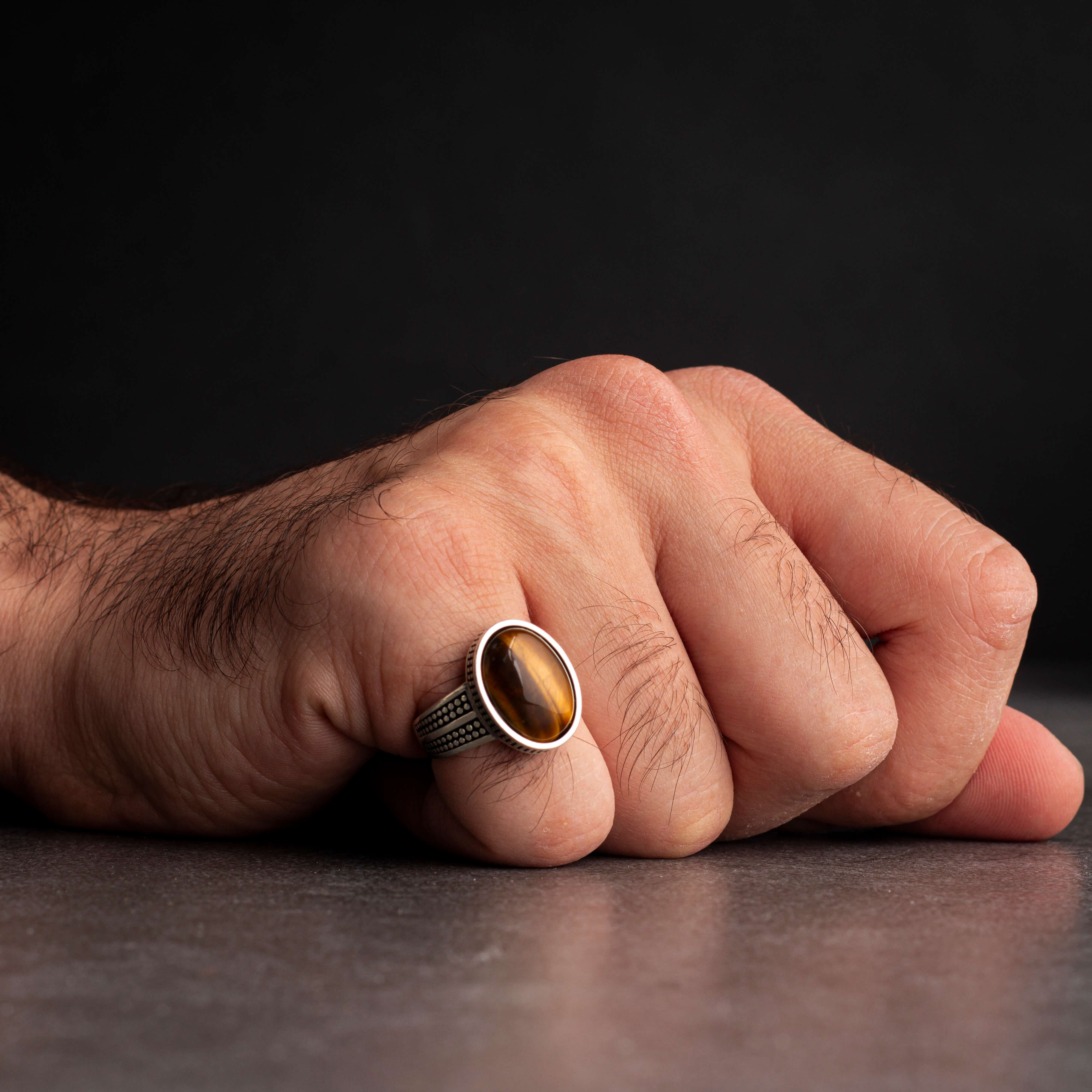 Men's Silver Ring with Prominent Tiger Eye Stone in Simple Classic Design