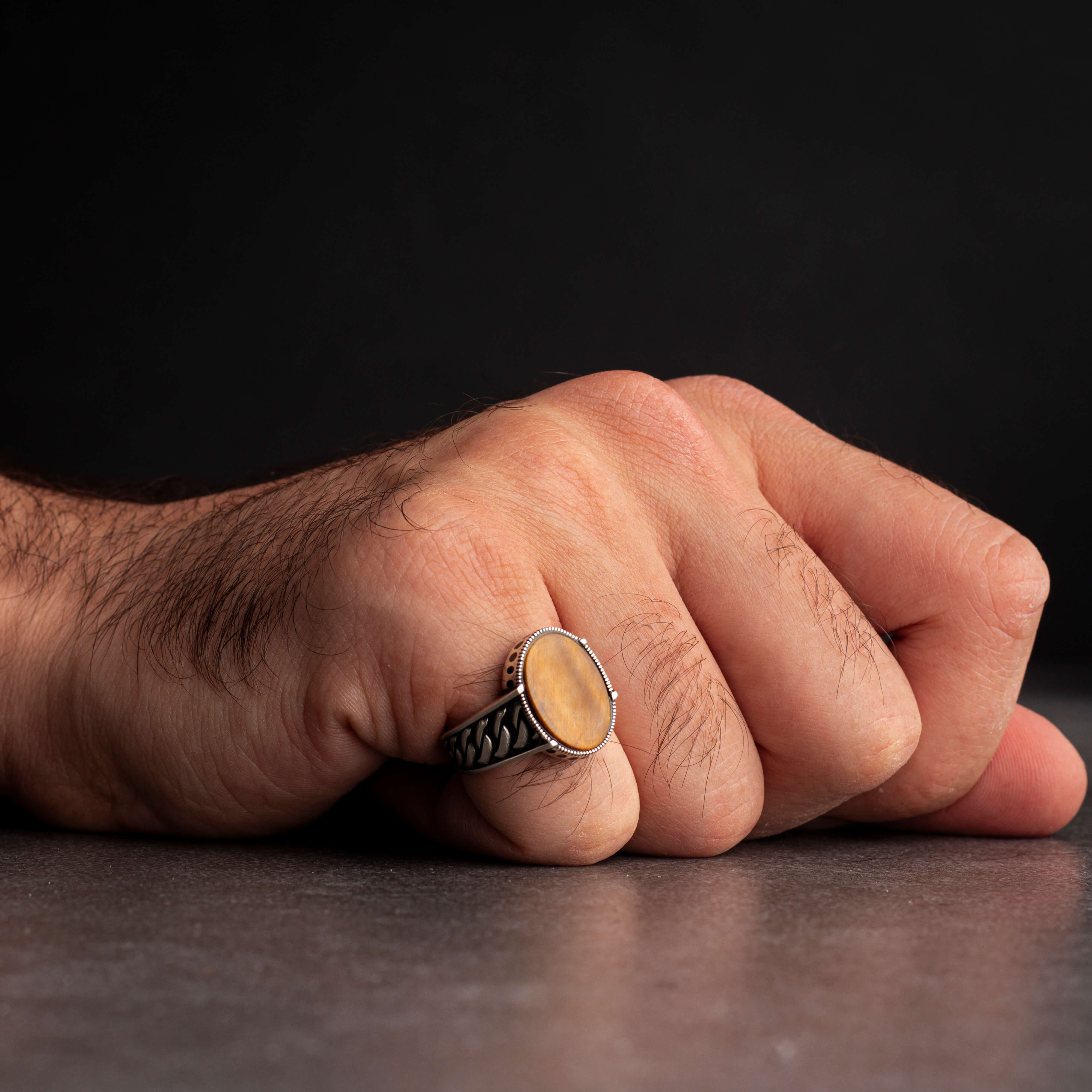 Men's Silver Ring with Tiger Eye Stone and Interlocking Chains Design