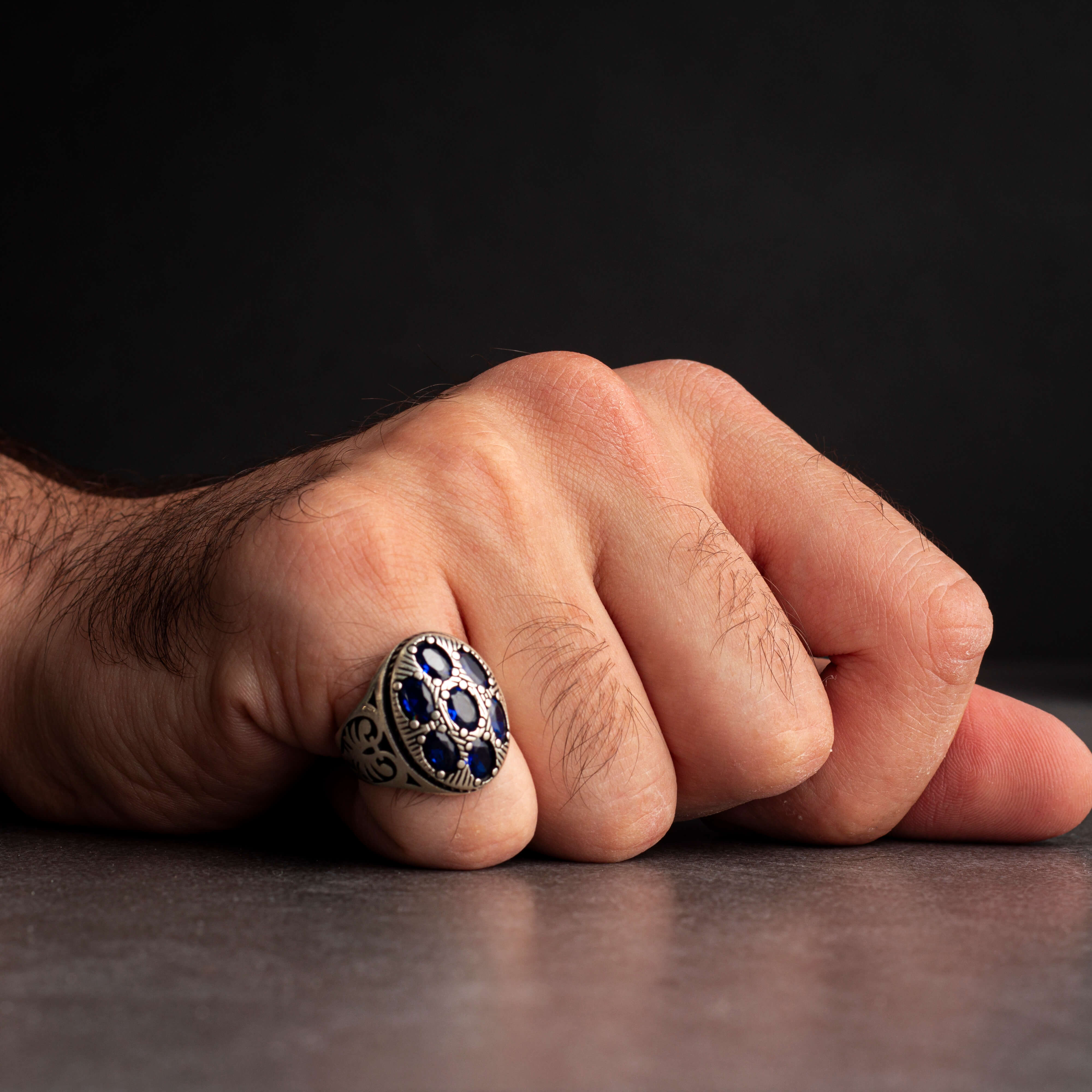 Sterling Silver Men's Ring with Blue Zircon Stones