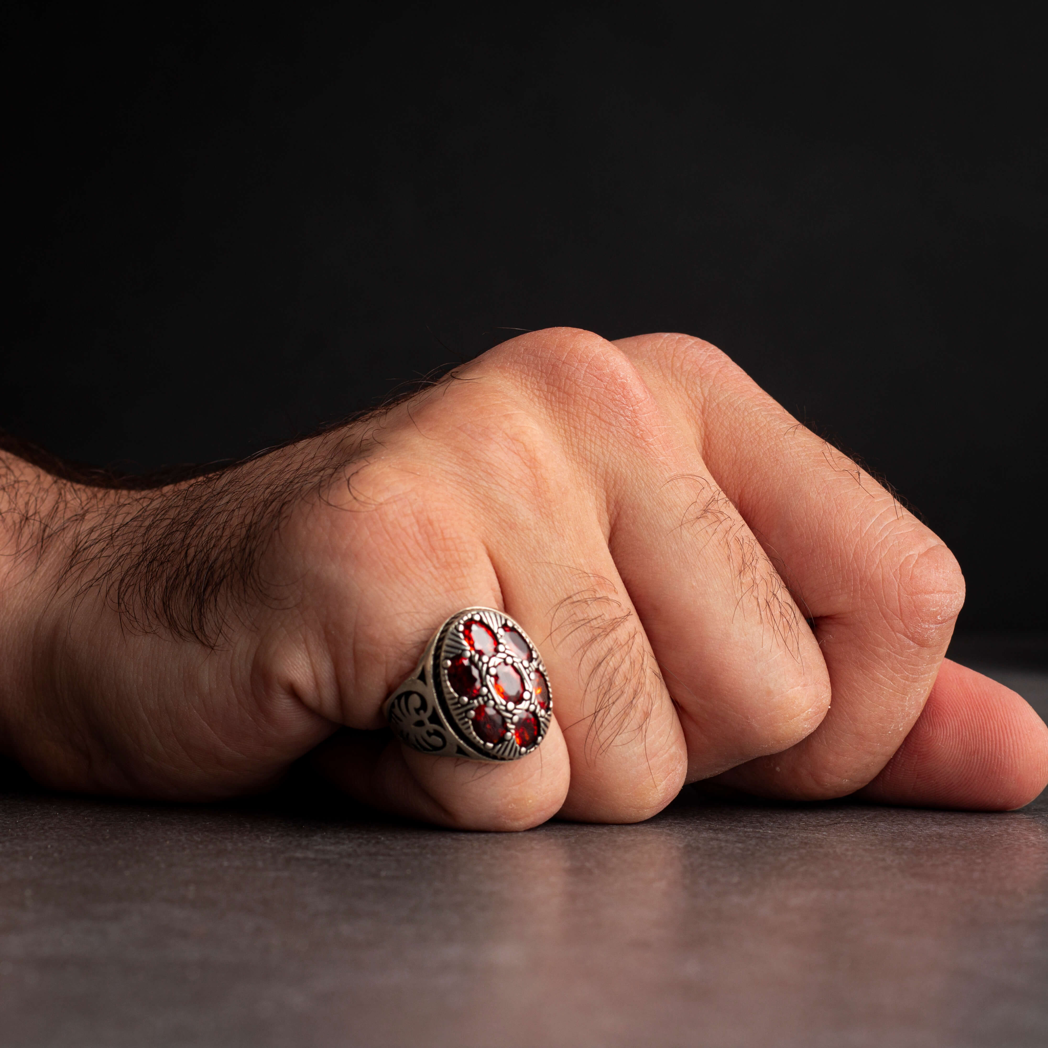 Sterling Silver Men's Ring with Red Zircon Stones
