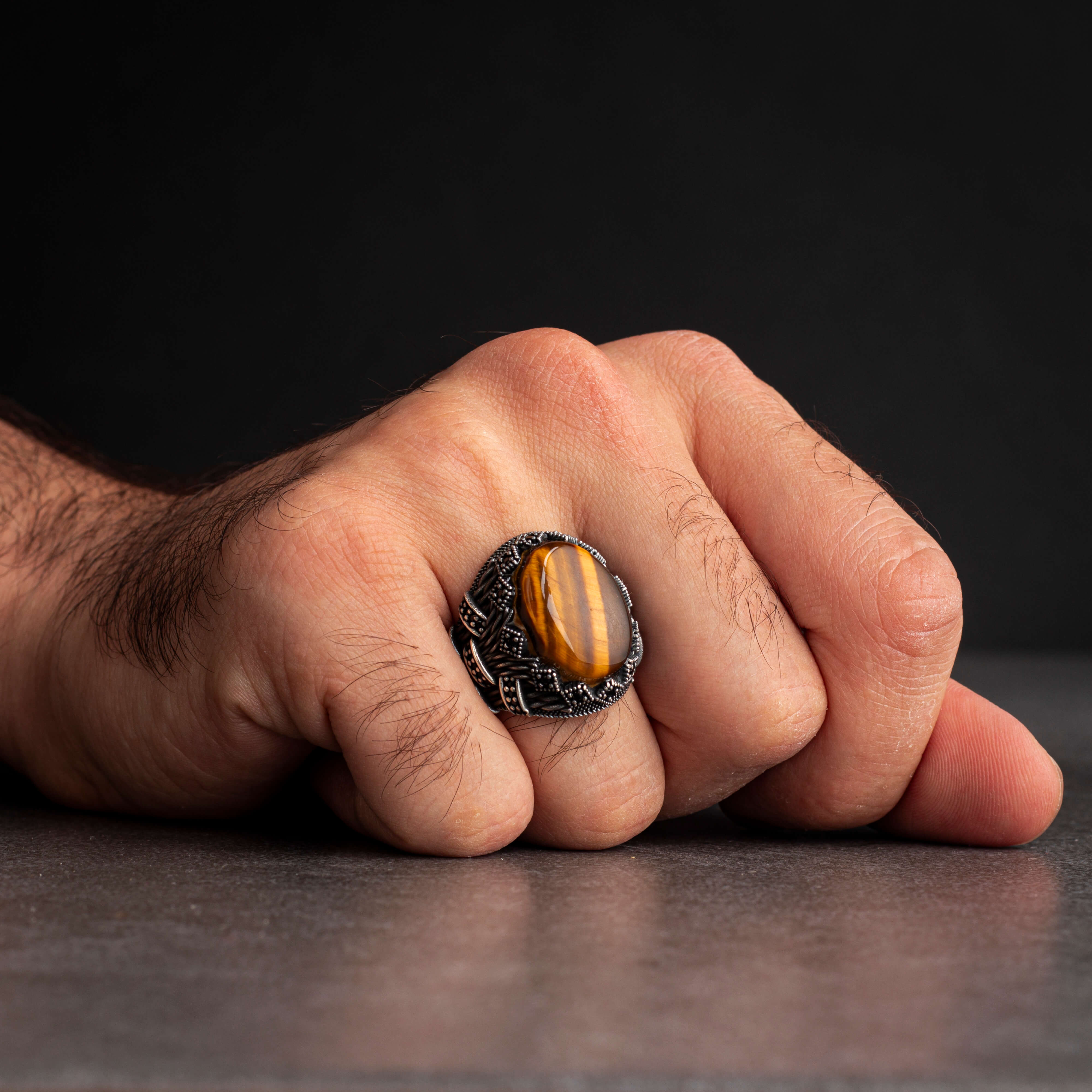 Men's silver ring with tiger's eye stone with fine details