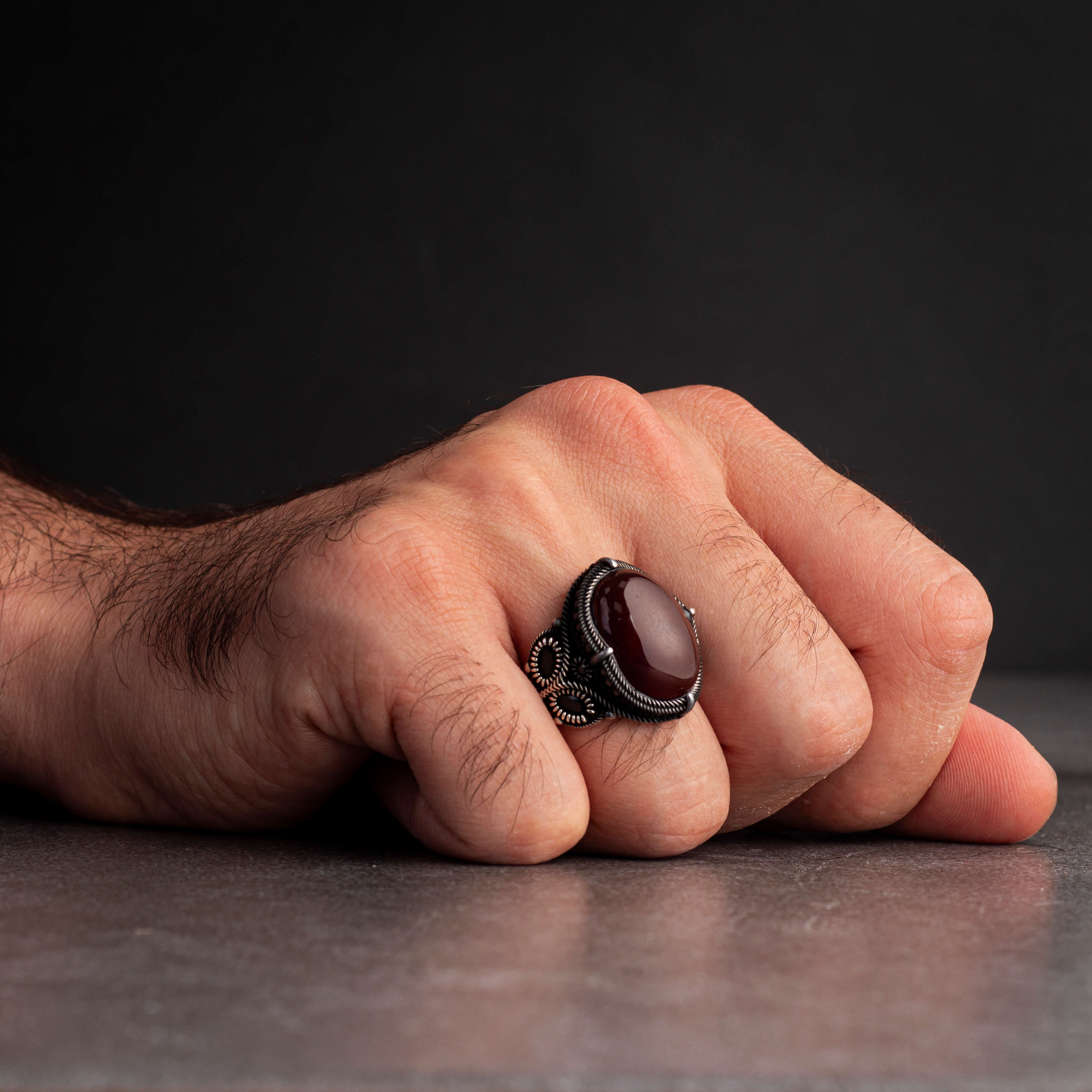 Sterling Silver Men's Ring with Red Agate Stone