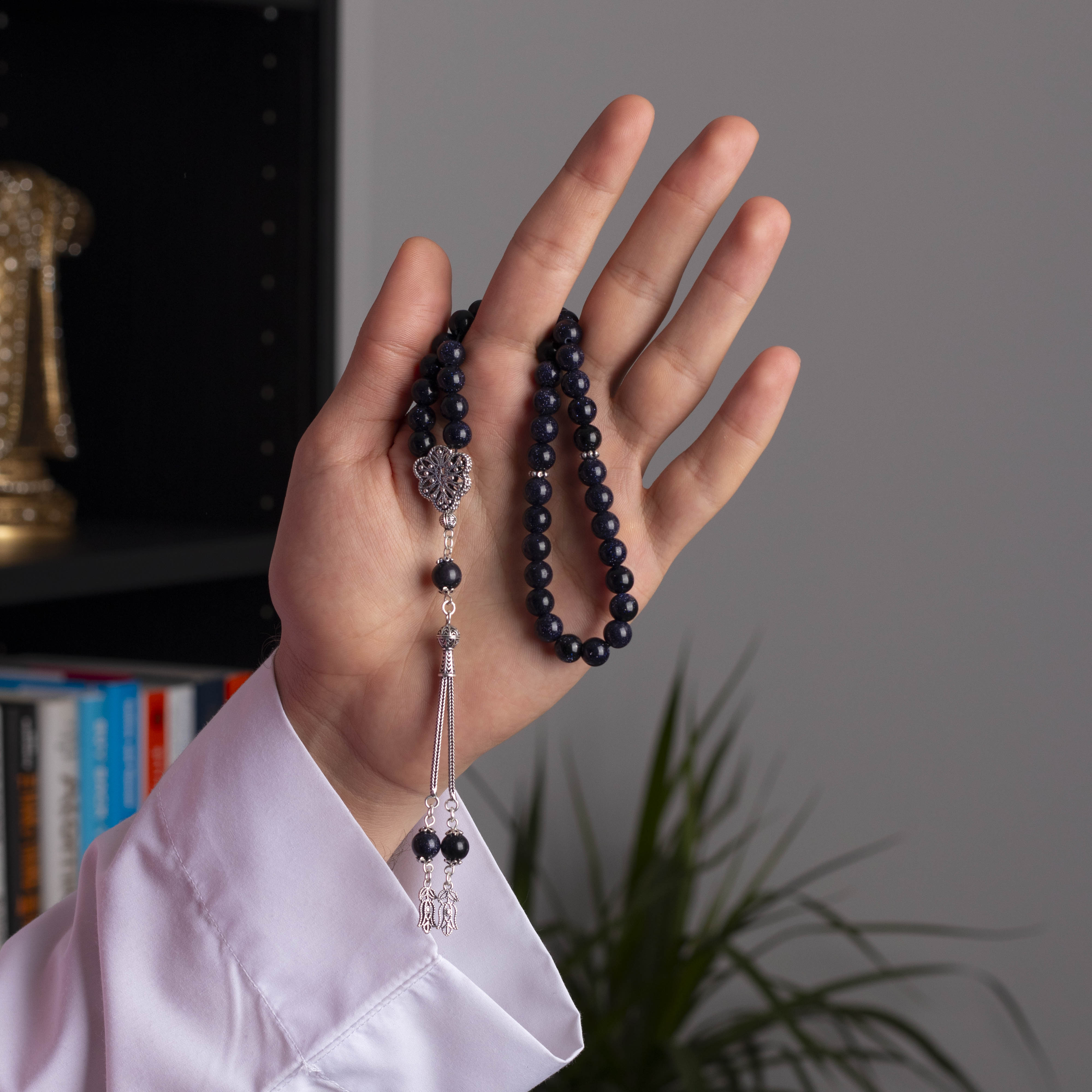 Starry Blue Prayer Beads with Silver Tassel (8mm)