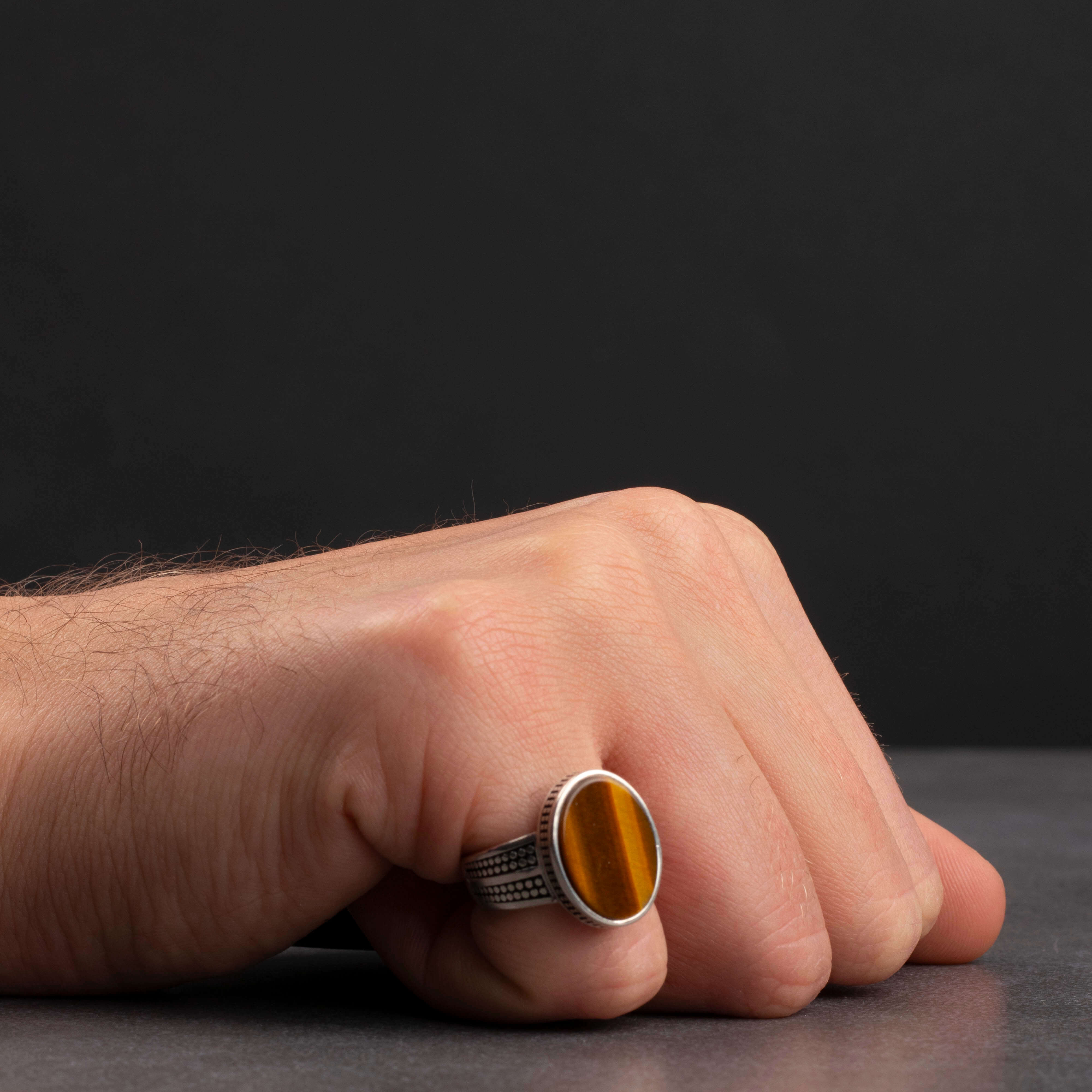 Men's Silver Ring with Tiger Eye Stone in Simple Classic Design