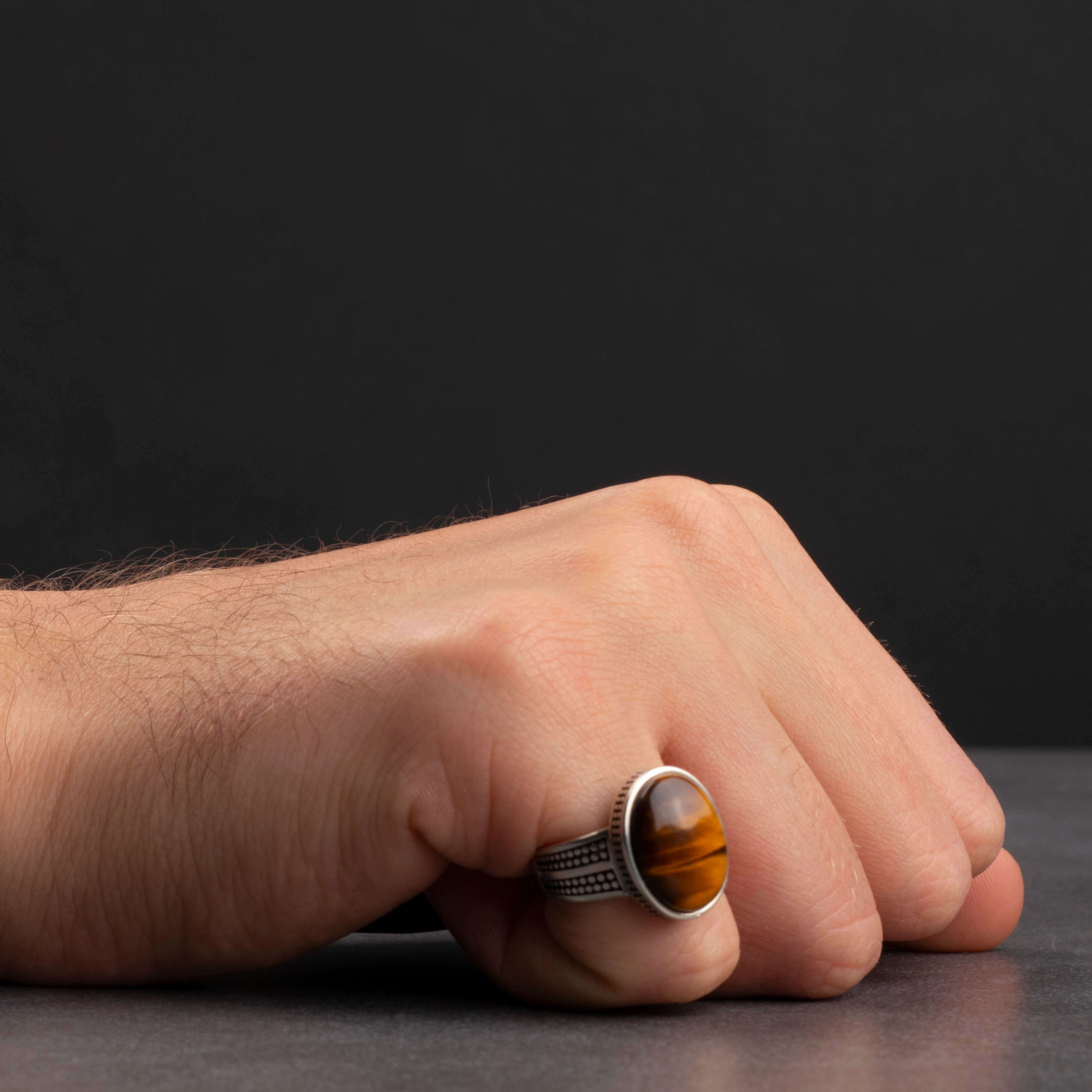 Men's Silver Ring with Prominent Tiger Eye Stone in Simple Classic Design