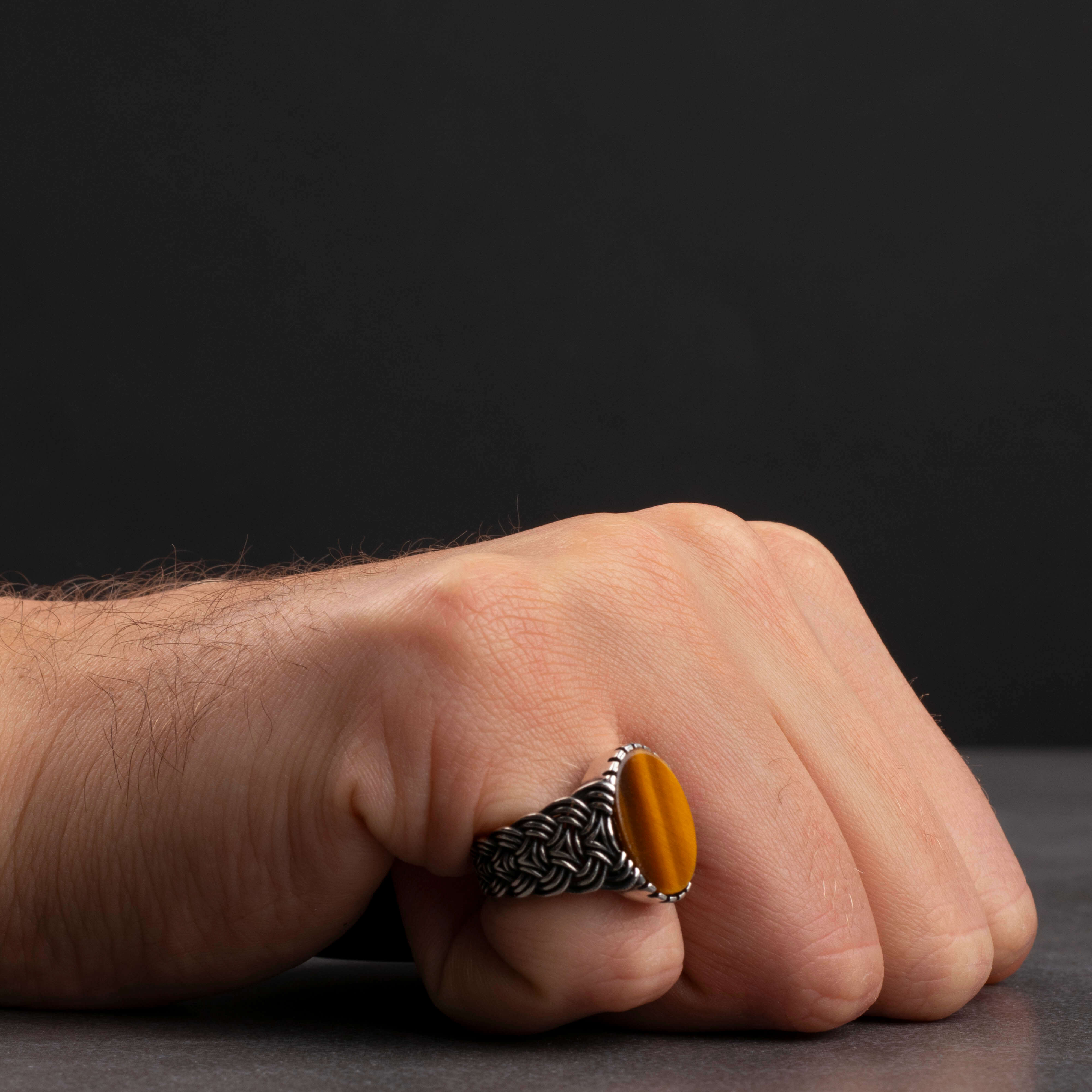 Men's Silver Ring with Tiger Eye Stone with Unique Interlocking Design