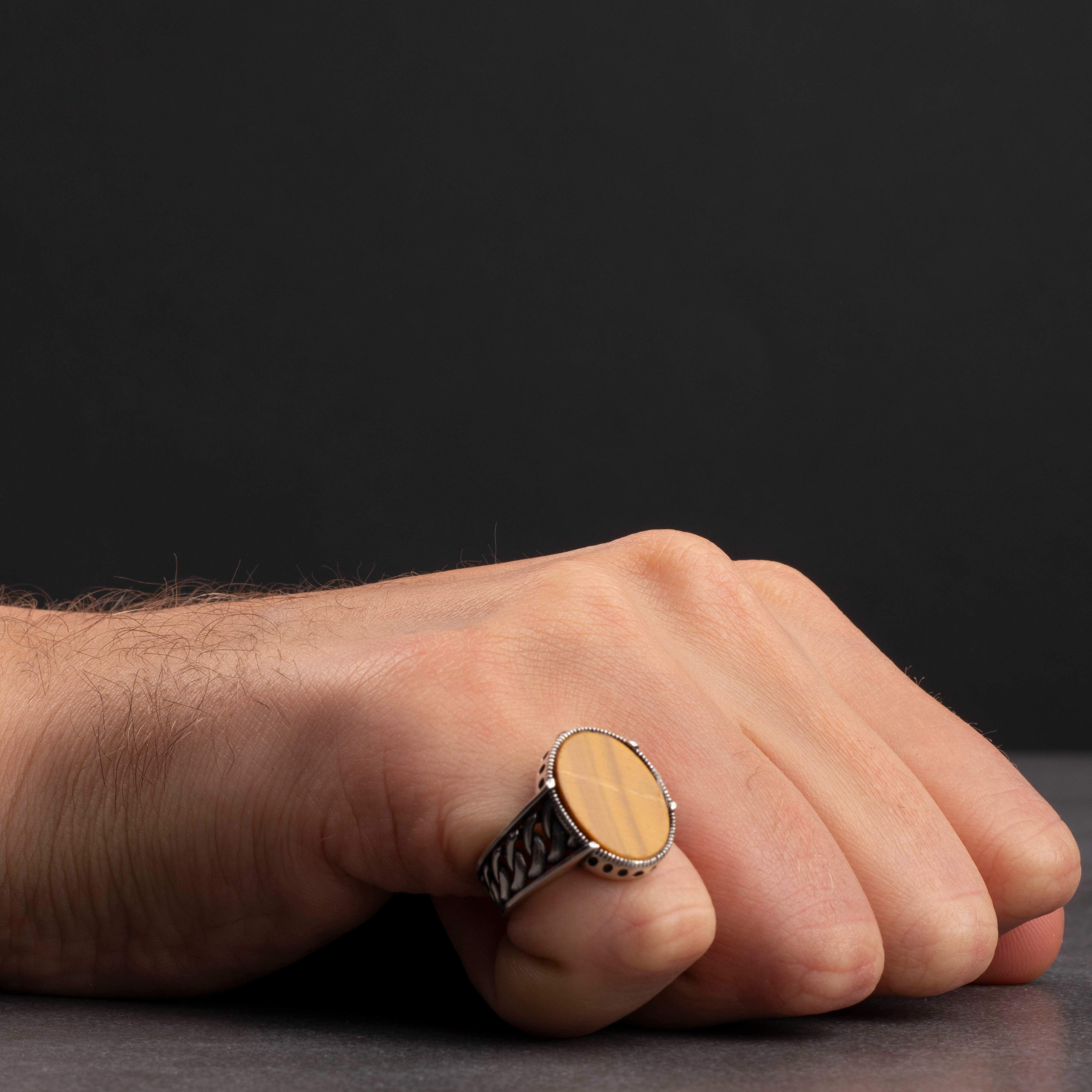 Men's Silver Ring with Tiger Eye Stone and Interlocking Chains Design