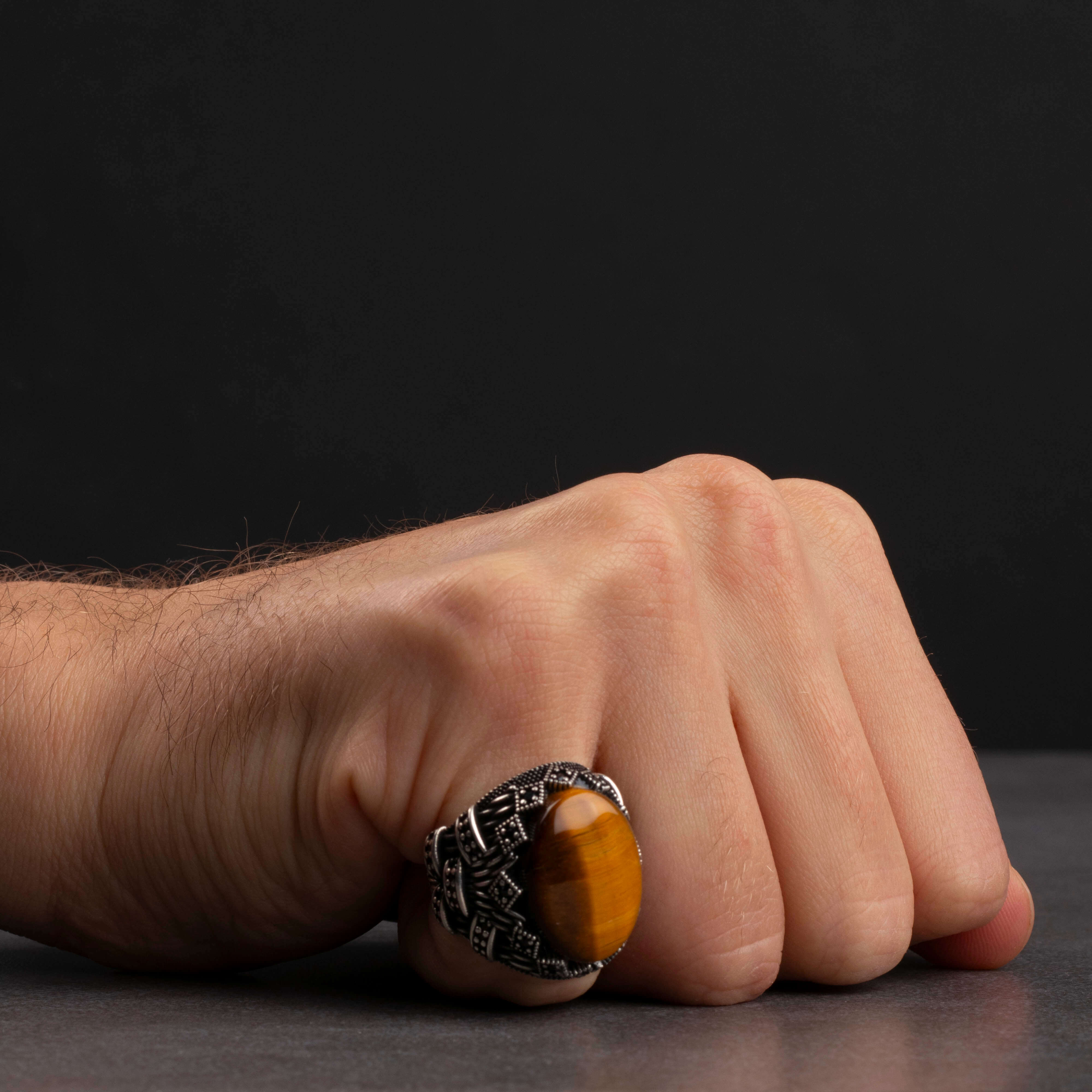Men's silver ring with tiger's eye stone with fine details