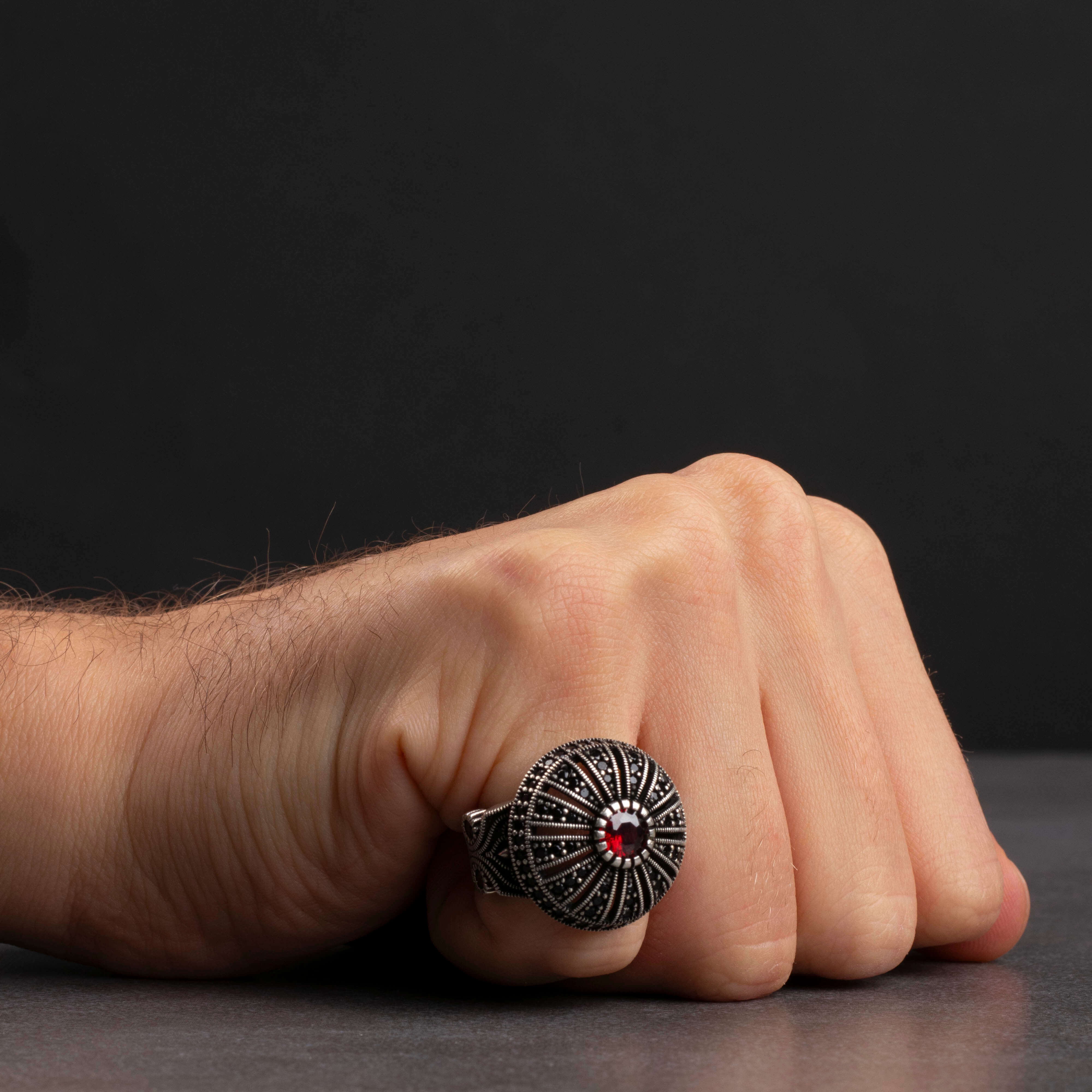 Sterling Silver Men's Ring with Red Zircon Stone