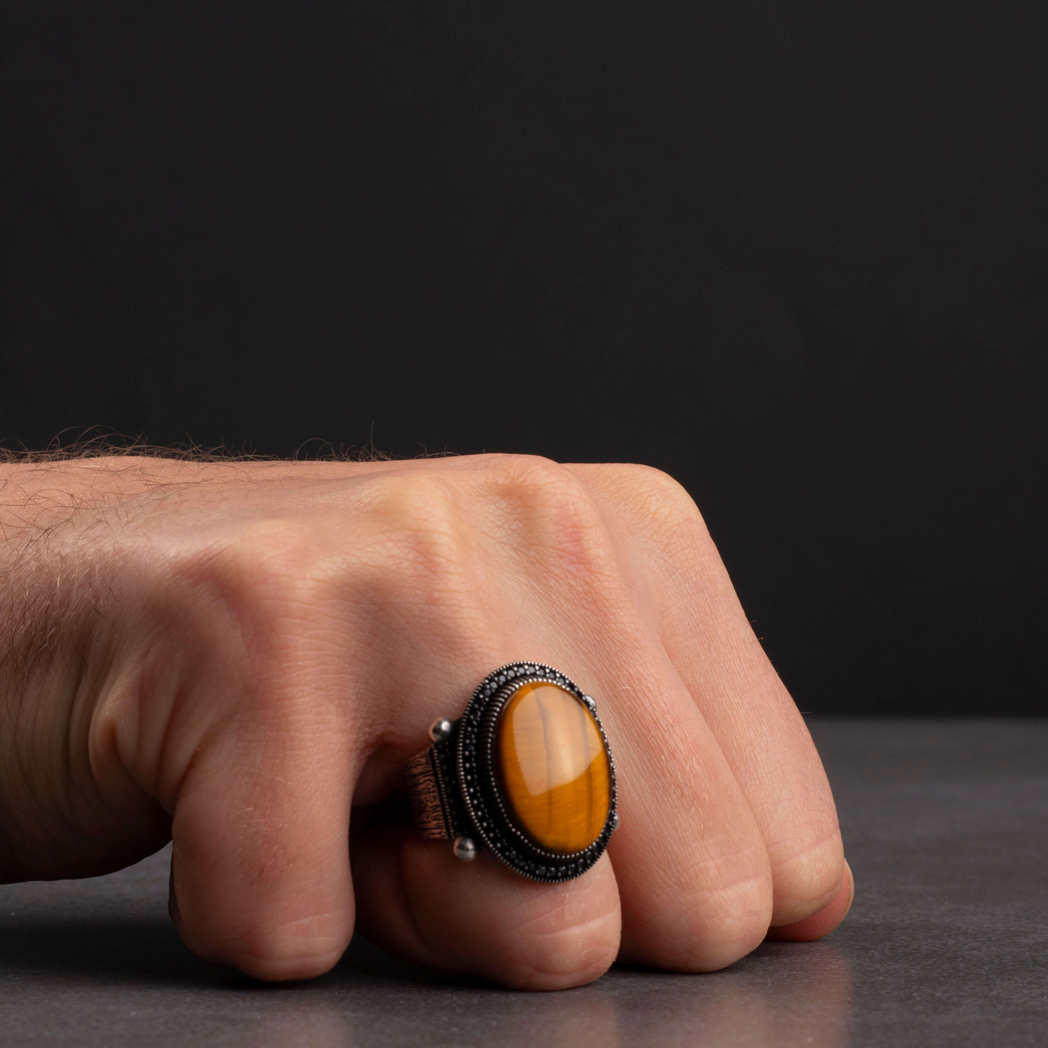 Men's Silver Ring with Tiger Eye Stone in a Luxurious Royal Frame