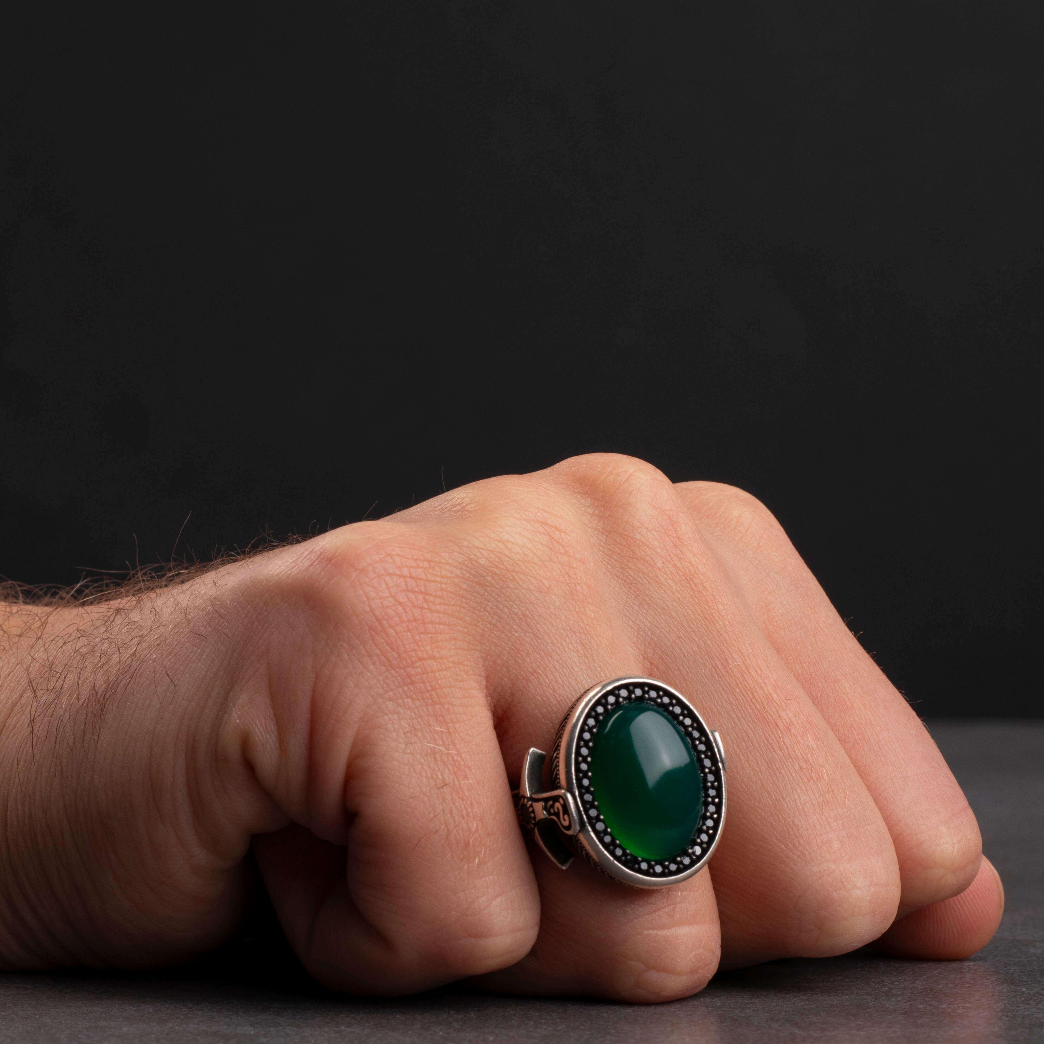 Sterling Silver Men's Ring with Green Agate Stone