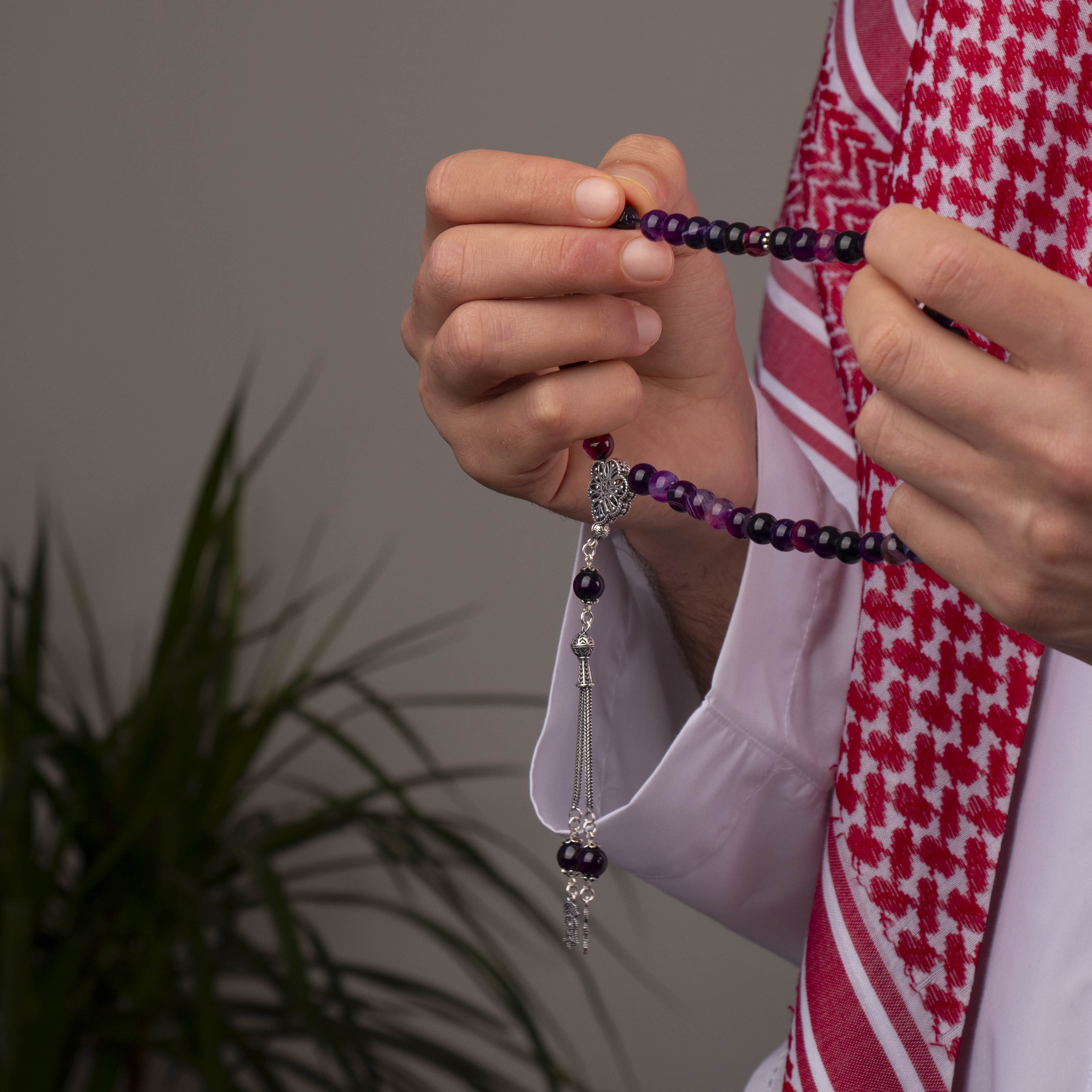 Purple Agate Prayer Beads with Silver Tassel (8mm)