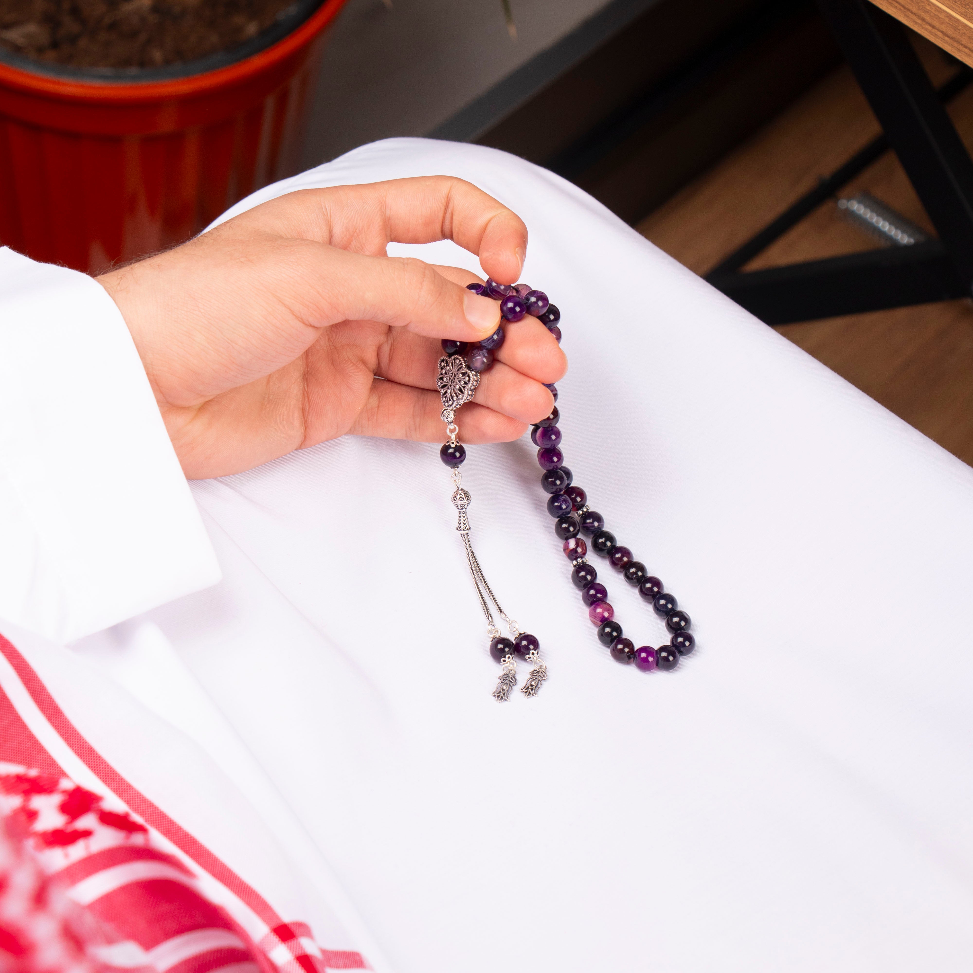 Purple Agate Prayer Beads with Silver Tassel (8mm)