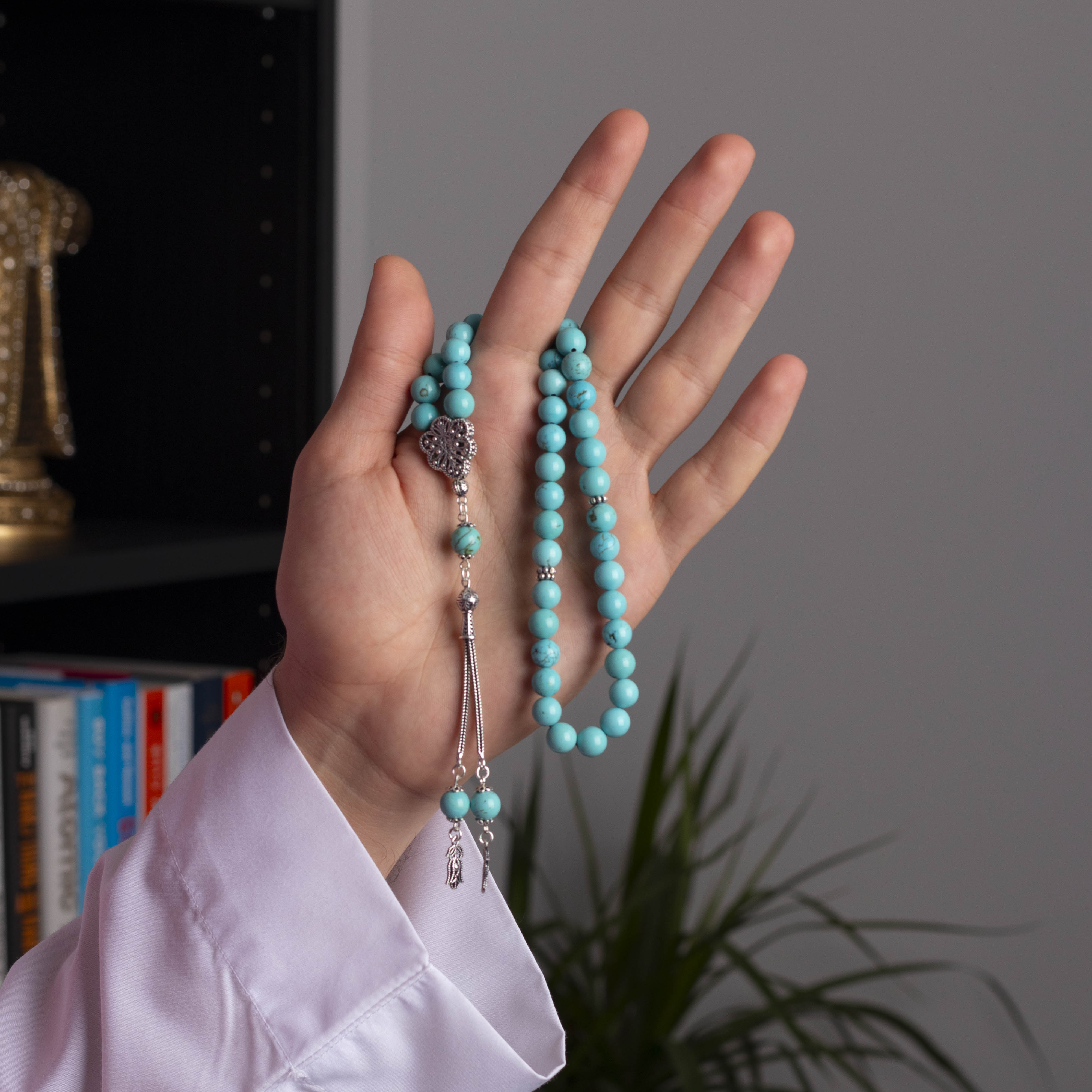 Turquoise Prayer Beads with Silver Tassel (8mm)