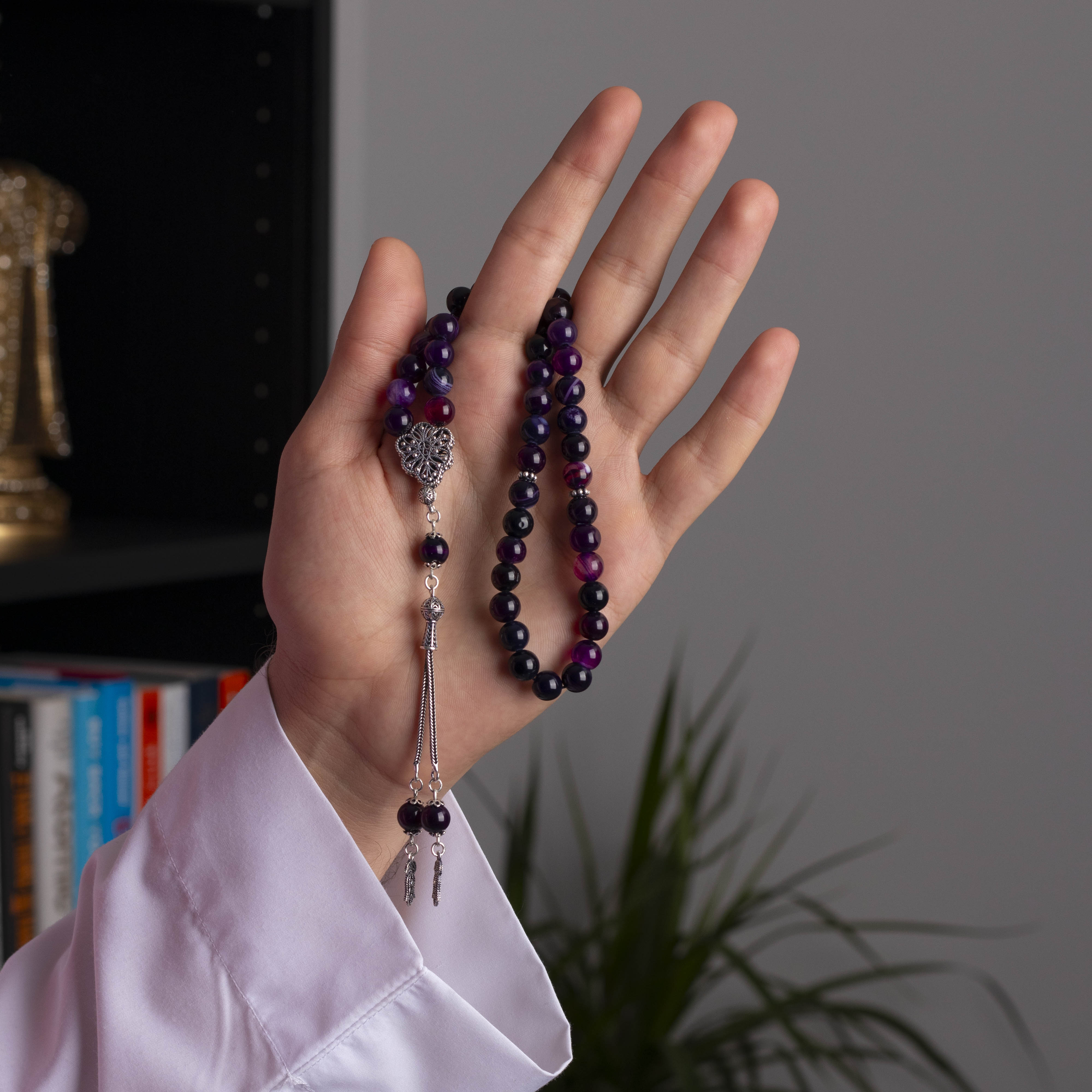 Purple Agate Prayer Beads with Silver Tassel (8mm)